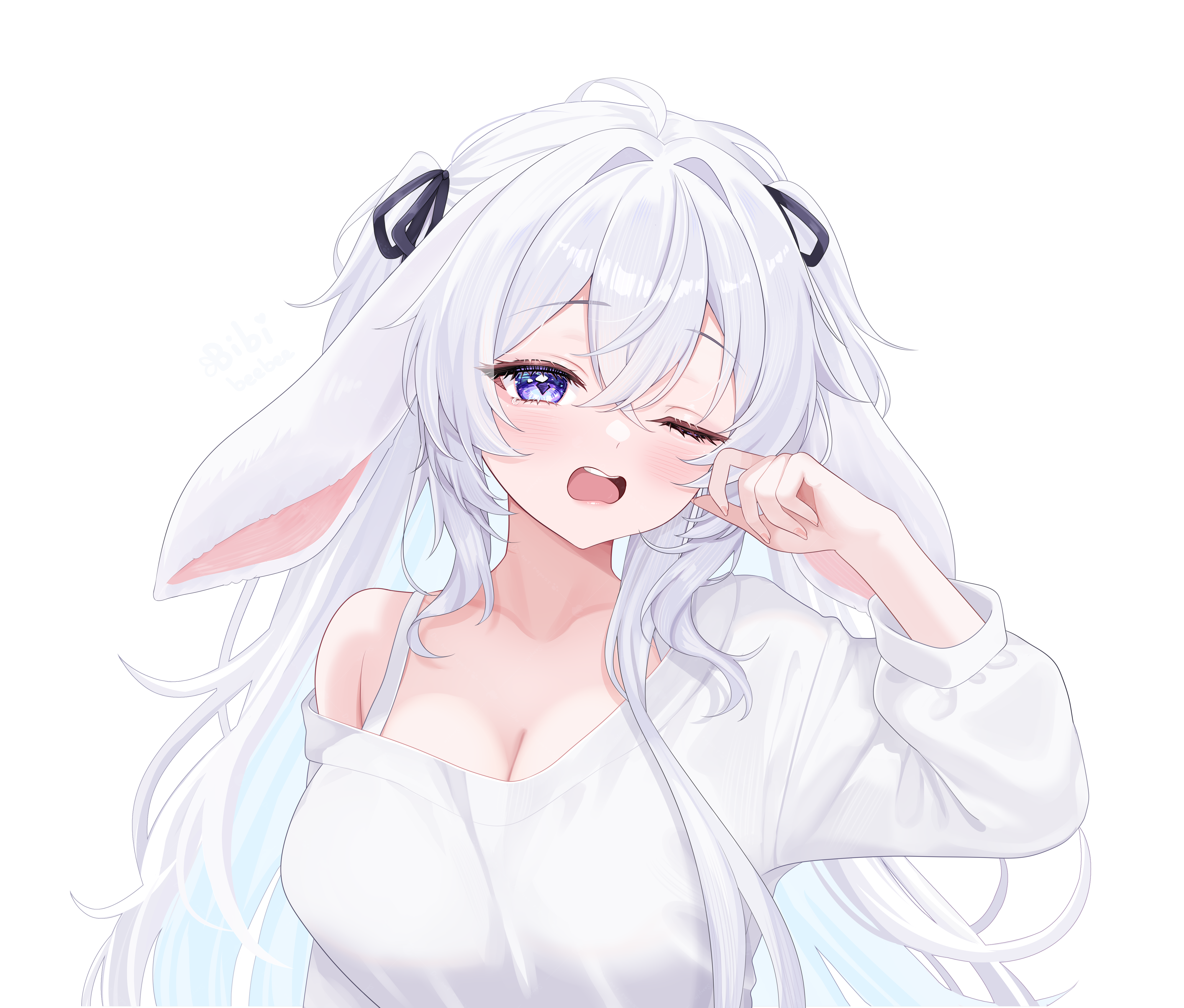 bibixart, vaipyre (vtuber), indie virtual youtuber, absurdres, commentary, commission, highres, 1girl, animal ears, black ribbon, blue hair, blush, bra strap, breasts, cleavage, collarbone, colored inner hair, crossed bangs, diamond-shaped pupils, diamond (shape), ears down, hair between eyes, hair intakes, hair ribbon, hand up, large breasts, long hair, long sleeves, messy hair, multicolored hair, one eye closed, open mouth, purple eyes, ribbon, shirt, simple background, single bare shoulder, single off shoulder, strap, symbol-shaped pupils, three-quarter sleeves, two side up, upper body, very long hair, virtual youtuber, waking up, white background, white hair