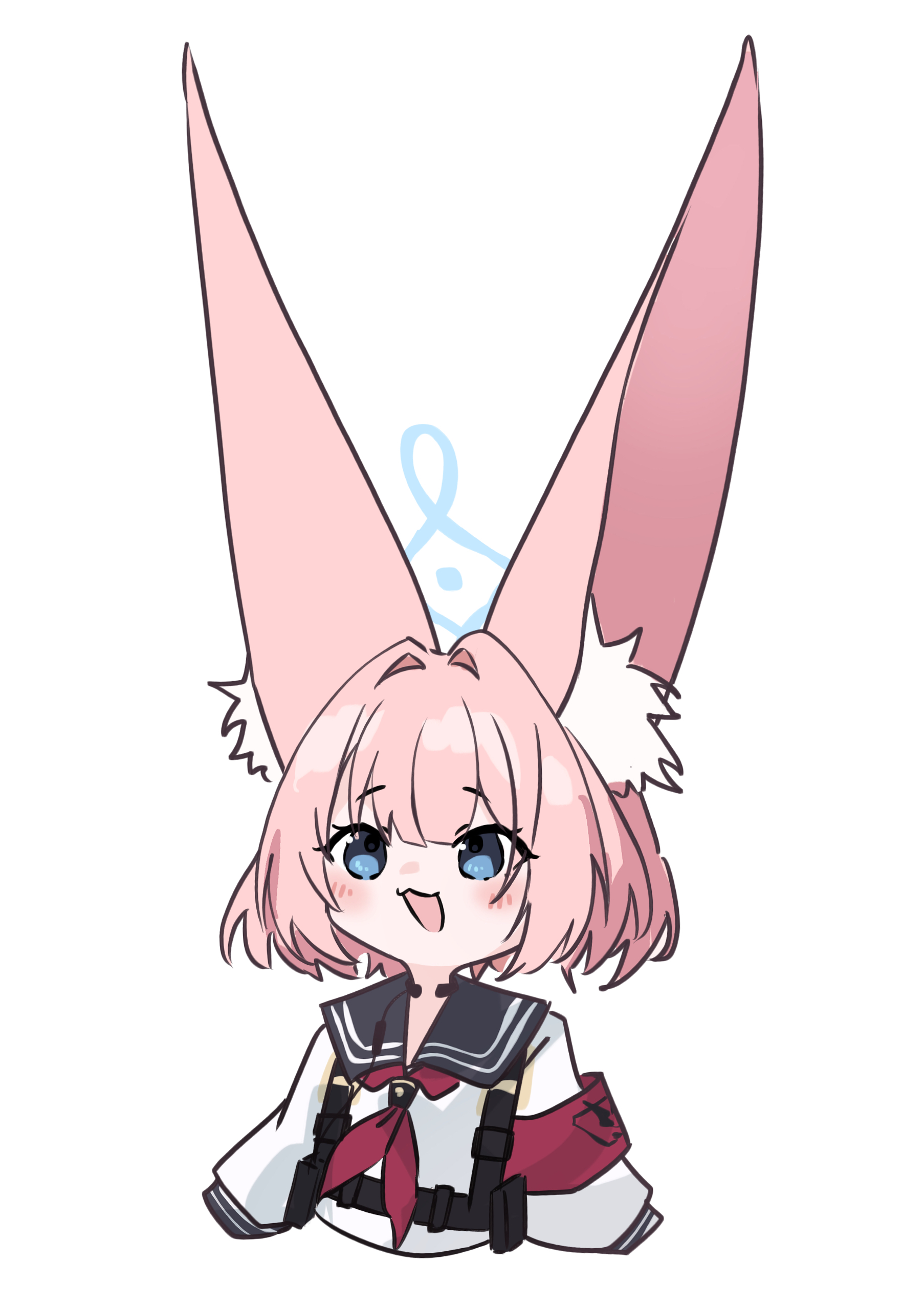 takamalu08 12, niko (blue archive), blue archive, absurdres, commentary request, highres, 1girl, :3, :d, animal ear fluff, animal ears, armband, black sailor collar, blue eyes, blue halo, chest harness, comically large ears, cropped torso, fox ears, fox girl, halo, harness, long sleeves, neckerchief, open mouth, pink hair, puffy long sleeves, puffy sleeves, red armband, red neckerchief, sailor collar, school uniform, serafuku, shirt, short hair, simple background, smile, solo, white background, white shirt