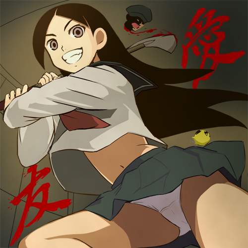 haruyama kazunori, kitsu chiri, sayonara zetsubou sensei, lowres, 00s, 1girl, black hair, blood, brown eyes, cameltoe, decapitation, female focus, grin, navel, panties, pantyshot, parted bangs, school uniform, serafuku, severed head, short hair, shovel, skirt, smile, solo, underwear, upskirt, white panties, worktool