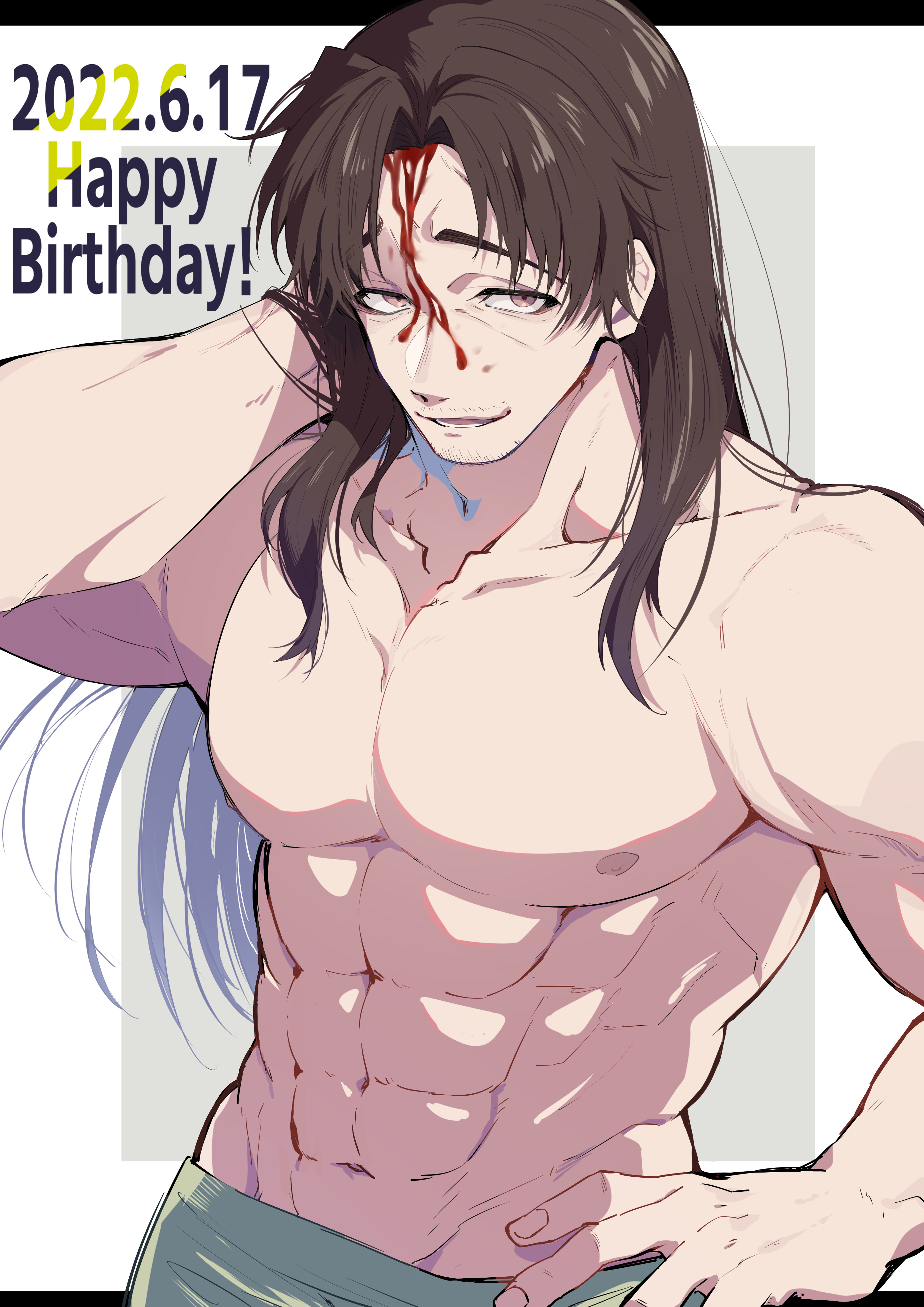 nekoma hikaru, kengan (series), kengan ashura, absurdres, commentary request, highres, 1boy, abs, bara, blood, blood on face, border, brown hair, collarbone, dated, facial hair, goatee stubble, hand on own hip, happy birthday, hatsumi sen, long hair, looking at viewer, male focus, mustache stubble, nipples, parted lips, pectorals, solo, stubble, topless male, white border