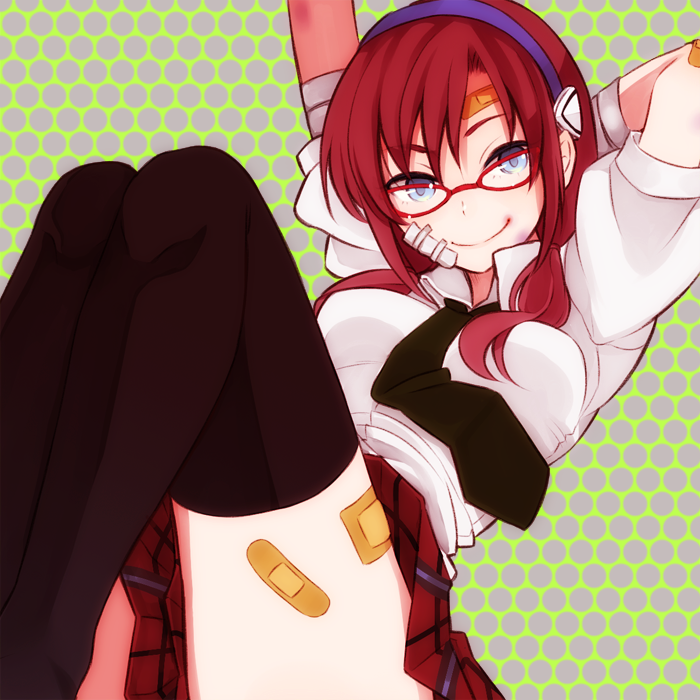 emdo (norabbit), makinami mari illustrious, neon genesis evangelion, rebuild of evangelion, 00s, 1girl, arms behind head, arms up, bandaid, bandaid on face, bandaid on forehead, blue eyes, breasts, bruise, female focus, glasses, injury, necktie, plaid clothes, plaid skirt, red-framed eyewear, red hair, school uniform, skirt, smile, solo, thighhighs