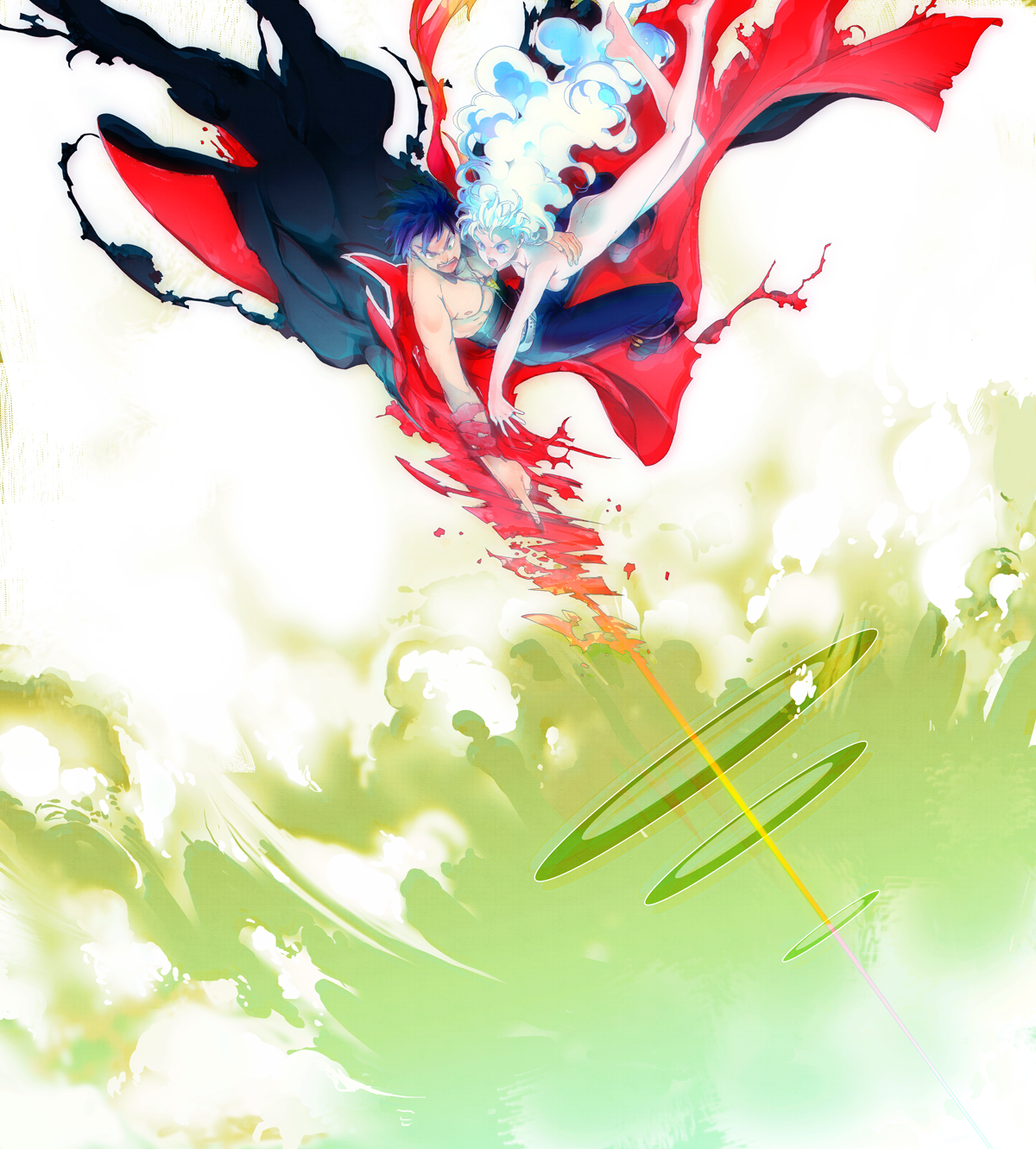 kanke (yonkuma), nia teppelin, simon (ttgl), tengen toppa gurren lagann, tengen toppa gurren lagann: lagann-hen, highres, 00s, 1boy, 1girl, ass, blue hair, clothed male nude female, coat, core drill, couple, curly hair, drill, hetero, long hair, multicolored hair, nude, open mouth, protecting, shouting, topless male, torn clothes, trench coat, very long hair