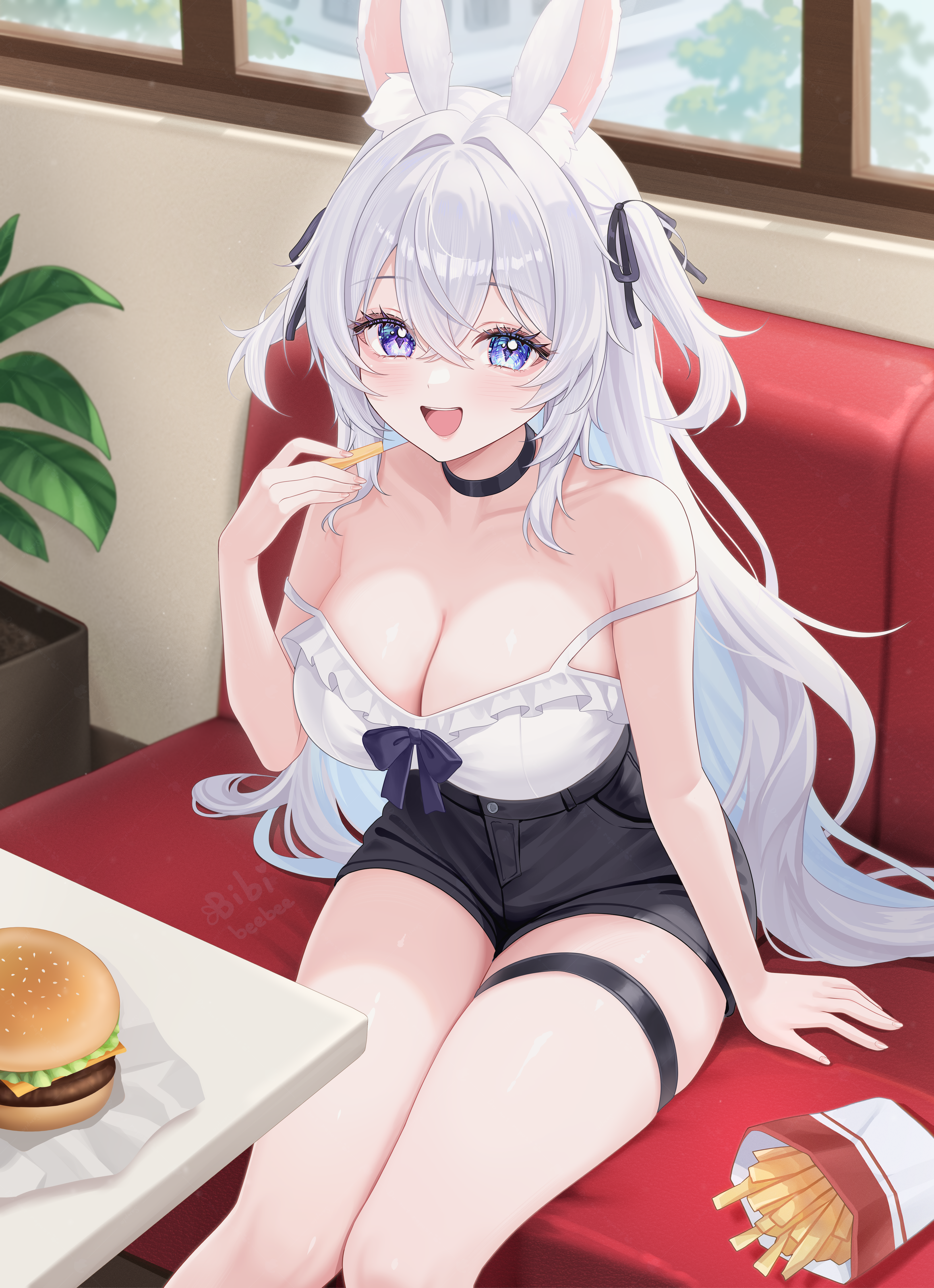 bibixart, vaipyre (vtuber), indie virtual youtuber, absurdres, commentary, commission, highres, 1girl, animal ear fluff, animal ears, arm support, artist name, bare shoulders, black bow, black choker, black ribbon, black shorts, blue hair, blush, bow, breasts, burger, buttons, cheese, choker, cleavage, collarbone, colored inner hair, couch, crossed bangs, day, diamond-shaped pupils, diamond (shape), food, french fries, frilled shirt, frills, hair between eyes, hair intakes, hair ribbon, hand up, high-waist shorts, holding, holding food, indoors, large breasts, lettuce, long hair, looking at viewer, multicolored hair, on couch, open mouth, plant, pocket, potted plant, purple eyes, ribbon, shirt, shirt bow, short shorts, shorts, sidelocks, sitting, smile, solo, strap slip, symbol-shaped pupils, table, teeth, thigh strap, thighs, two side up, upper teeth only, very long hair, virtual youtuber, watermark, white hair, white shirt, window