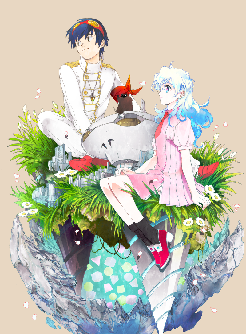 kanke (yonkuma), boota (ttgl), nia teppelin, simon (ttgl), tengen toppa gurren lagann, 00s, 1boy, 1girl, armband, black socks, blue hair, city, couple, dress, drill, flower, goggles, goggles on head, grass, hetero, jewelry, loafers, long hair, multicolored hair, necklace, necktie, petals, pink dress, shoes, sitting, smile, socks