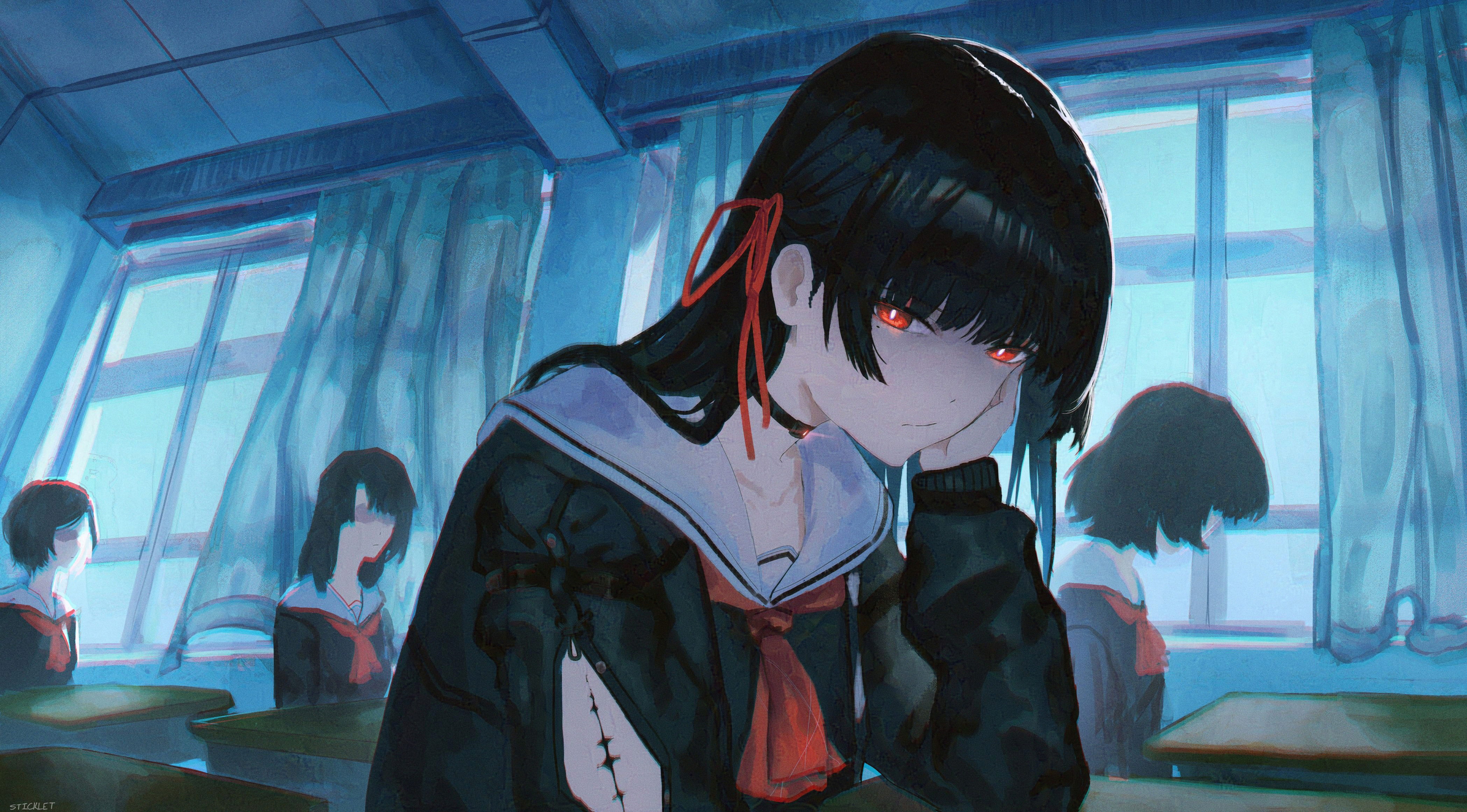 draws sticks, chisa (wuthering waves), wuthering waves, absurdres, commentary, highres, 4girls, arm cutout, black choker, black hair, black jacket, black shirt, bright pupils, choker, chromatic aberration, classroom, closed mouth, clothing cutout, collarbone, hair ribbon, hand up, indoors, jacket, long hair, long sleeves, looking at viewer, mole, mole under eye, multiple girls, neckerchief, red eyes, red neckerchief, red ribbon, ribbon, sailor collar, shirt, solo focus, tacet mark (wuthering waves), white pupils, white sailor collar