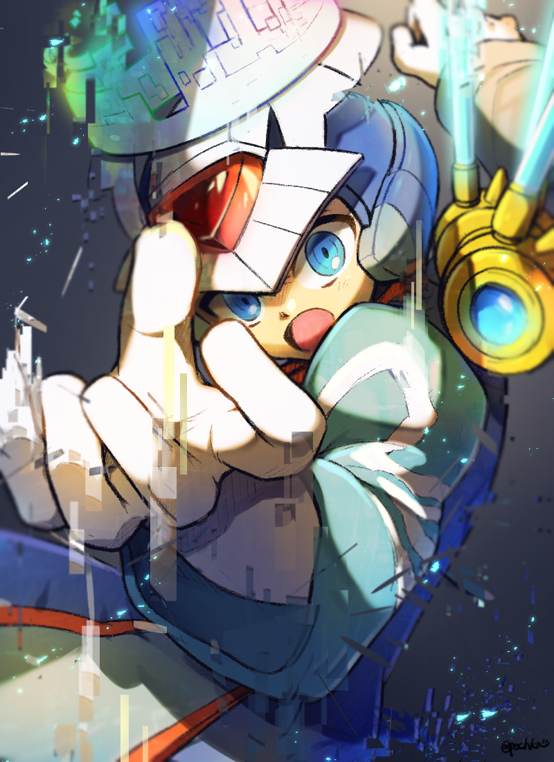 pechka, fairy leviathan (mega man), mega man (series), mega man zero (series), commentary request, 1girl, blue background, blue eyes, blue helmet, foreshortening, glitch, helmet, long sleeves, looking at viewer, open mouth, ringed eyes, solo, twitter username, underwater, upper body