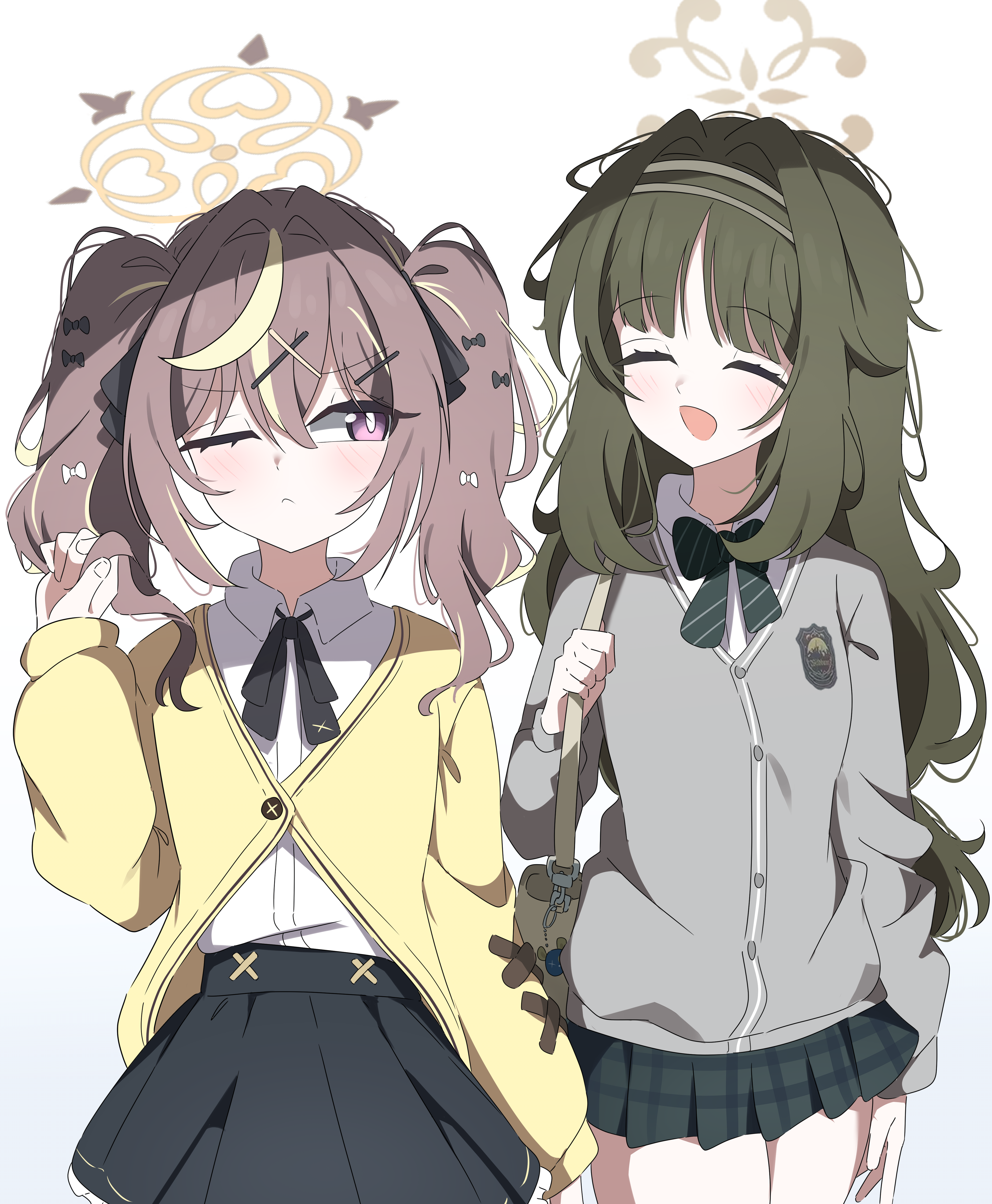 qorwja, rena (blue archive), tsumugi (blue archive), blue archive, absurdres, commentary request, highres, 2girls, black skirt, bow, bowtie, brown hair, brown halo, cardigan, closed eyes, cowlick, green hair, hair ornament, hairband, hairclip, halo, long hair, long sleeves, looking at another, multicolored hair, multiple girls, one eye closed, open mouth, pleated skirt, purple eyes, shirt, simple background, skirt, smile, streaked hair, twintails, white background, white shirt