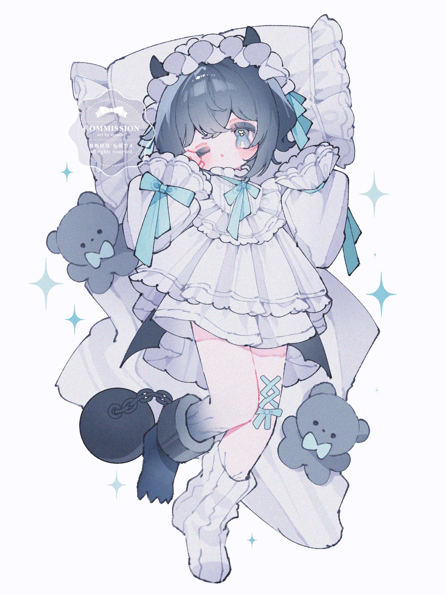upache, original, commentary, commission, highres, symbol-only commentary, 1girl, ;o, ball and chain restraint, black hair, black horns, blue bow, blue bowtie, blue eyes, blush, bow, bowtie, dress, full body, hairband, hands up, horns, long sleeves, no shoes, one eye closed, open mouth, pillow, ribbed socks, short hair, simple background, sleeve bow, sleeves past wrists, socks, solo, standing, standing on one leg, stuffed animal, stuffed toy, teddy bear, watermark, white background, white dress, white hairband, white socks