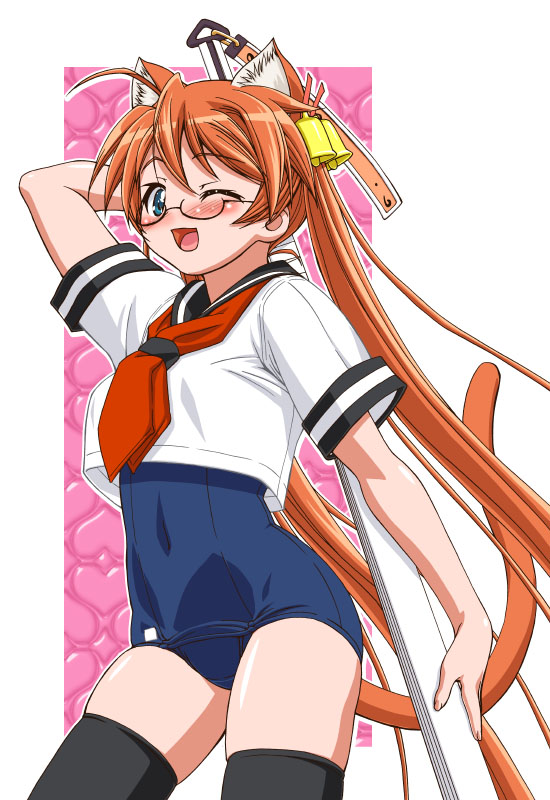 gambler club, kohsaka jun, kagurazaka asuna, mahou sensei negima!, 00s, 1girl, animal ears, bell, blue eyes, blue sailor collar, blush, cat ears, cat tail, female focus, glasses, hair bell, hair ornament, long hair, no pants, one-piece swimsuit, one eye closed, orange hair, sailor collar, school swimsuit, school uniform, serafuku, solo, swimsuit, swimsuit under clothes, tail, thighhighs, twintails, wink