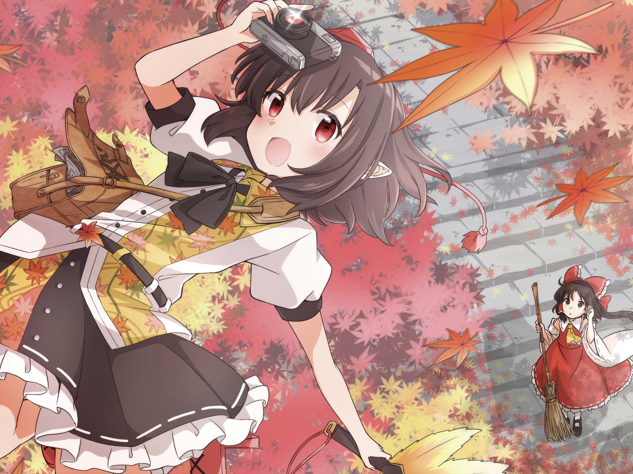 yakousei no kame, hakurei reimu, shameimaru aya, touhou, commentary request, highres, 2girls, ascot, autumn leaves, bag, black bow, black bowtie, blush, bow, bowtie, broom, brown bag, brown eyes, brown hair, camera, detached sleeves, falling leaves, frilled bow, frilled hair tubes, frilled skirt, frills, hair bow, hair tubes, hat, hauchiwa, holding, holding broom, holding camera, leaf, leaf print, long hair, looking at viewer, maple leaf print, multiple girls, no wings, open mouth, outdoors, pointy ears, print shirt, print skirt, puffy short sleeves, puffy sleeves, red bow, red eyes, red hat, red skirt, ribbon-trimmed skirt, ribbon-trimmed sleeves, ribbon trim, shirt, short sleeves, shoulder bag, skirt, skirt set, smile, stairs, tokin hat, white shirt, yellow ascot
