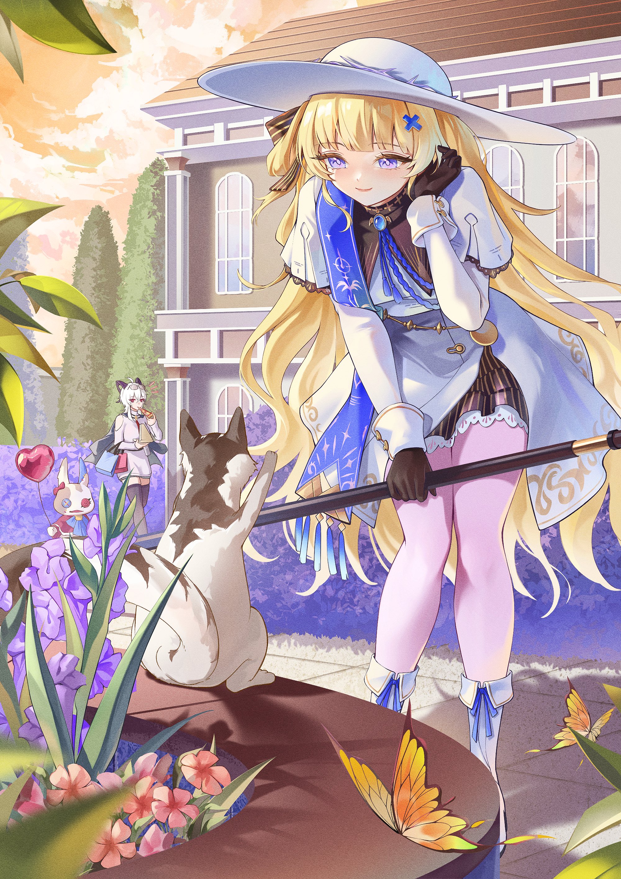 chigusa7h, phoebe (wuthering waves), zani (downtown repose) (wuthering waves), zani (wuthering waves), wuthering waves, absurdres, commentary request, highres, 2girls, black bow, black gloves, blonde hair, blue sash, boots, bow, bug, butterfly, closed mouth, gloves, hair bow, hair ornament, hand up, hat, holding, holding staff, insect, leaning forward, long hair, long sleeves, lottie lost (wuthering waves), multiple girls, official alternate costume, orange butterfly, orange sky, outdoors, pantyhose, purple eyes, sash, shirt, skirt, sky, smile, solo focus, staff, striped bow, tacet discord (wuthering waves), very long hair, white boots, white hat, white pantyhose, white shirt, white skirt, x hair ornament