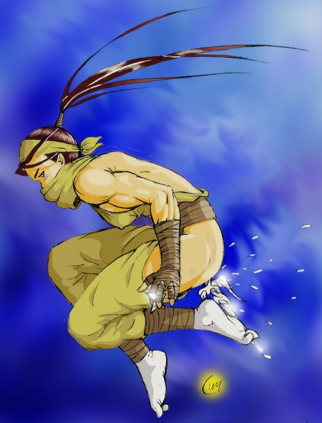 arislan, cum (artist), ibuki (street fighter), capcom, street fighter, street fighter iii (series), 1girl, brown hair, clothing cutout, female focus, hip vent, muscular, ninja, ponytail, solo