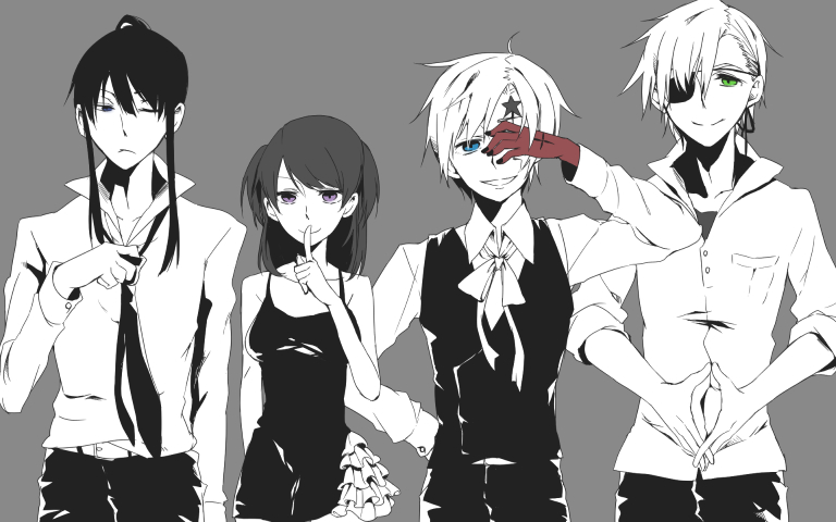 akatsuki kouya, allen walker, kanda yuu, lavi, lenalee lee, d.gray-man, commentary request, 1girl, 3boys, adjusting clothes, adjusting necktie, arm behind back, asymmetrical hair, bare arms, bare shoulders, belt, black dress, black nails, black vest, blue eyes, breast pocket, breasts, buttons, collarbone, collared shirt, colored extremities, colored skin, dress, dress shirt, eyepatch, facial mark, facing viewer, finger to mouth, forehead mark, frilled dress, frills, green eyes, grey background, greyscale, grin, hair between eyes, hand on own face, hand tattoo, high ponytail, layered shirt, limited palette, long hair, long sleeves, looking at another, looking at viewer, male focus, medium breasts, messy hair, monochrome, multiple boys, necktie, one eye closed, one eye covered, own hands together, pants, pocket, ponytail, purple eyes, red skin, ribbon, scar, scar across eye, scar on face, shirt, short hair, sidelocks, simple background, sleeves rolled up, smile, star (symbol), star facial mark, tattoo, two side up, vest