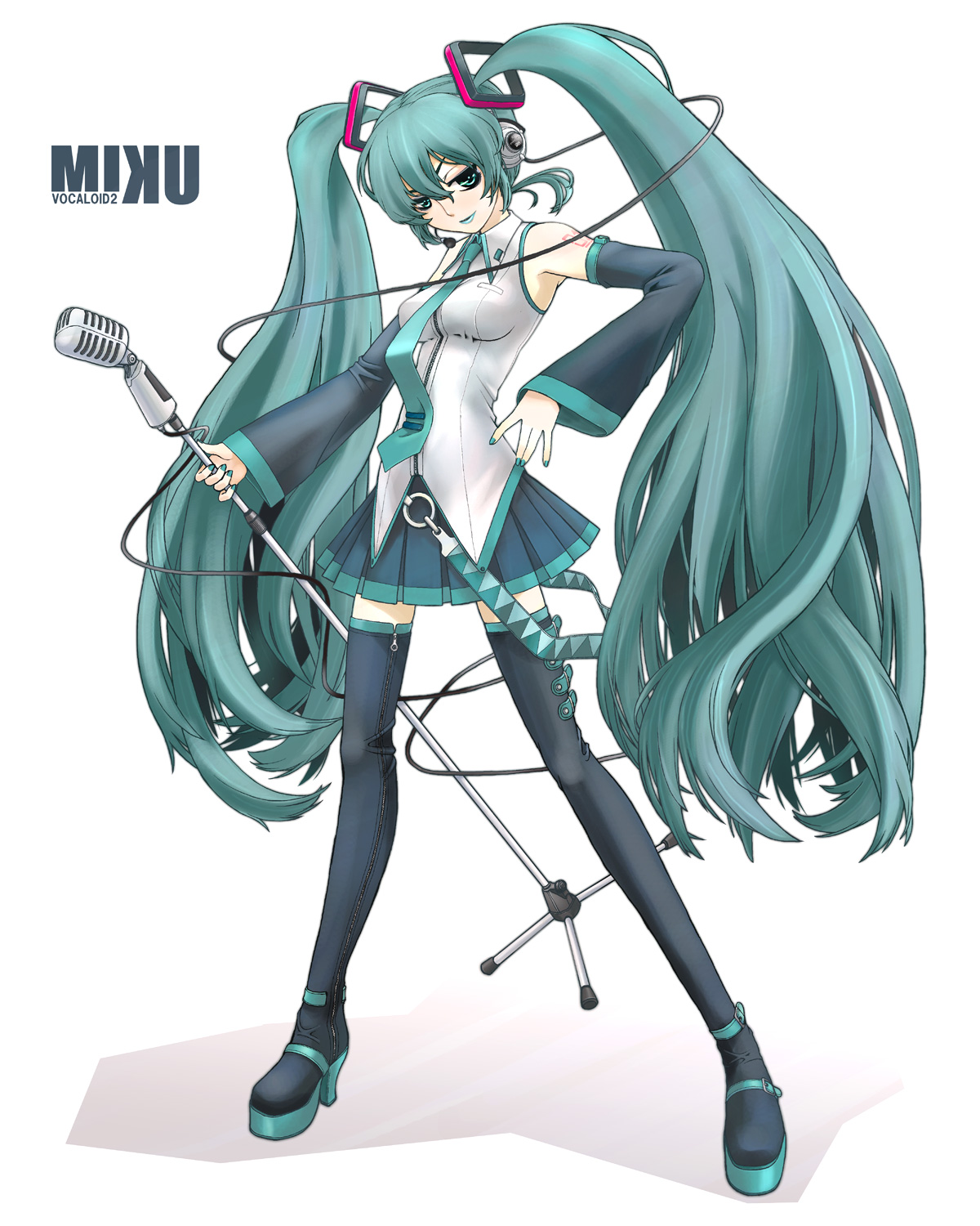 ishida masatsuki, hatsune miku, vocaloid, bad id, bad pixiv id, highres, 1girl, aqua eyes, aqua hair, detached sleeves, female focus, full body, headphones, headset, legs, lipstick, long hair, makeup, microphone, microphone stand, necktie, simple background, skirt, solo, thighhighs, twintails, vintage microphone, zettai ryouiki