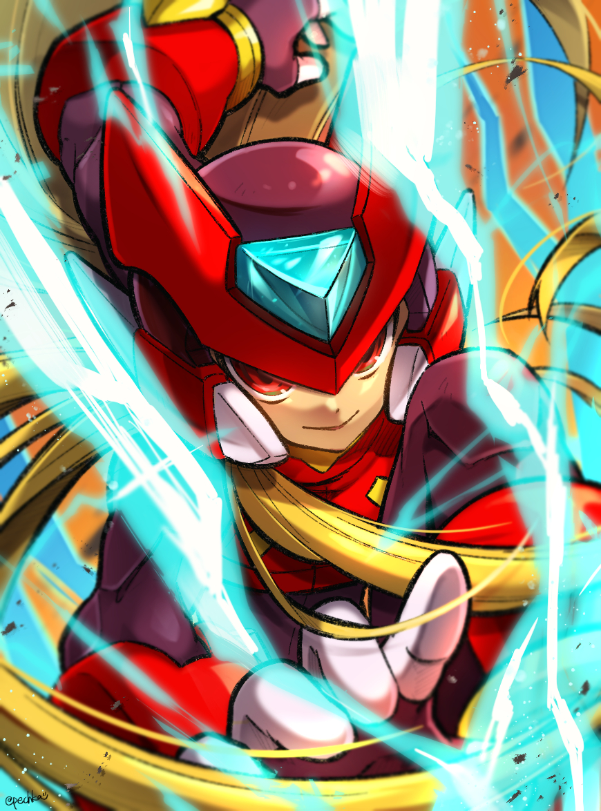 pechka, zero (mega man), mega man (series), mega man zero (series), commentary request, 1boy, armor, blonde hair, electricity, helmet, light particles, long hair, looking at viewer, male focus, orange background, parted lips, red armor, red eyes, red helmet, solo, very long hair