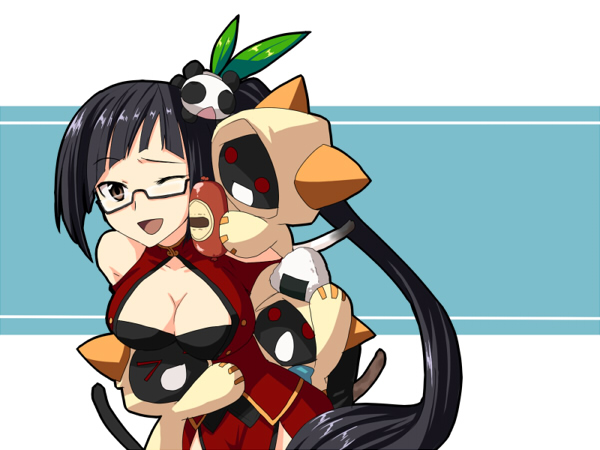 kiyoshi saya, kaka kittens, lao jiu, litchi faye ling, arc system works, blazblue, blazblue: calamity trigger, bad id, bad pixiv id, 2girls, animal ears, animal hood, black hair, breasts, brown eyes, cat, cat hood, chibi, china dress, chinese clothes, cleavage, cleavage cutout, clothing cutout, dress, food, glasses, grin, hood, hoodie, large breasts, long hair, multiple girls, one eye closed, onigiri, panda, ponytail, red eyes, sausage, sew (pixiv), smile, tail, wink