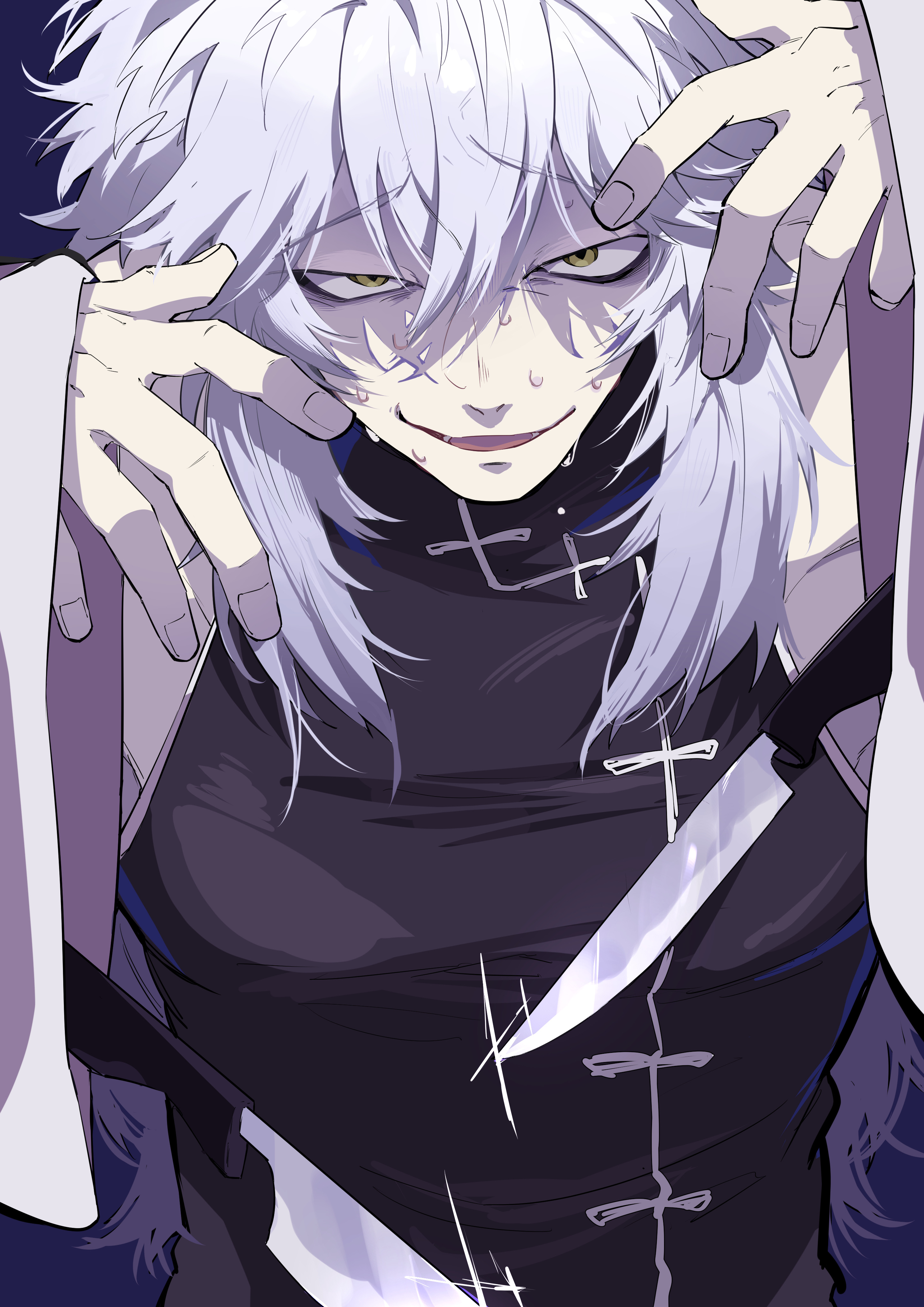 nekoma hikaru, kengan (series), kengan omega, absurdres, commentary request, highres, 1boy, bags under eyes, black dress, dress, fingernails, grey hair, hair between eyes, looking at viewer, male focus, narrowed eyes, pale skin, parted lips, simple background, solo, sword, upper body, weapon, white hair, wide sleeves, xia ji, yellow eyes