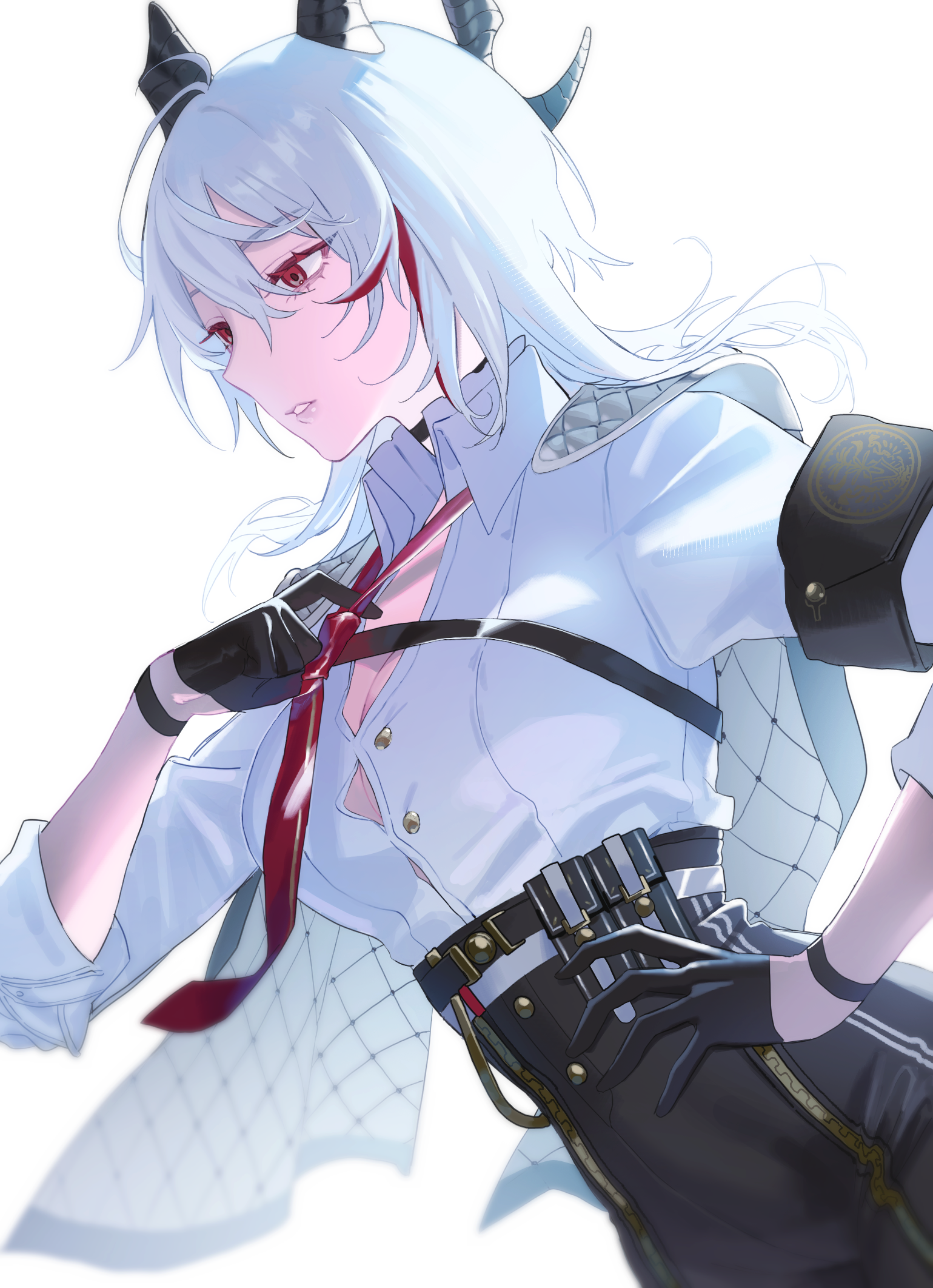 niru u, zani (wuthering waves), wuthering waves, commentary request, highres, 1girl, armband, black armband, black gloves, black horns, black jacket, black pants, breasts, button gap, chest harness, cleavage, collared shirt, curled horns, gloves, hair between eyes, hand on own hip, harness, high-waist pants, horns, jacket, jacket on shoulders, long hair, medium breasts, multicolored hair, necktie, pants, red eyes, red necktie, shirt, shirt tucked in, simple background, solo, streaked hair, white background, white shirt