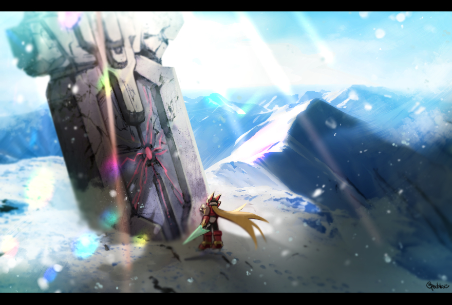 pechka, zero (mega man), mega man (series), mega man zero (series), commentary request, 1boy, blonde hair, blue sky, footprints, holding, holding sword, holding weapon, letterboxed, long hair, male focus, mountain, scenery, sky, snow, snowing, solo, sunlight, sword, twitter username, very long hair, weapon, wide shot