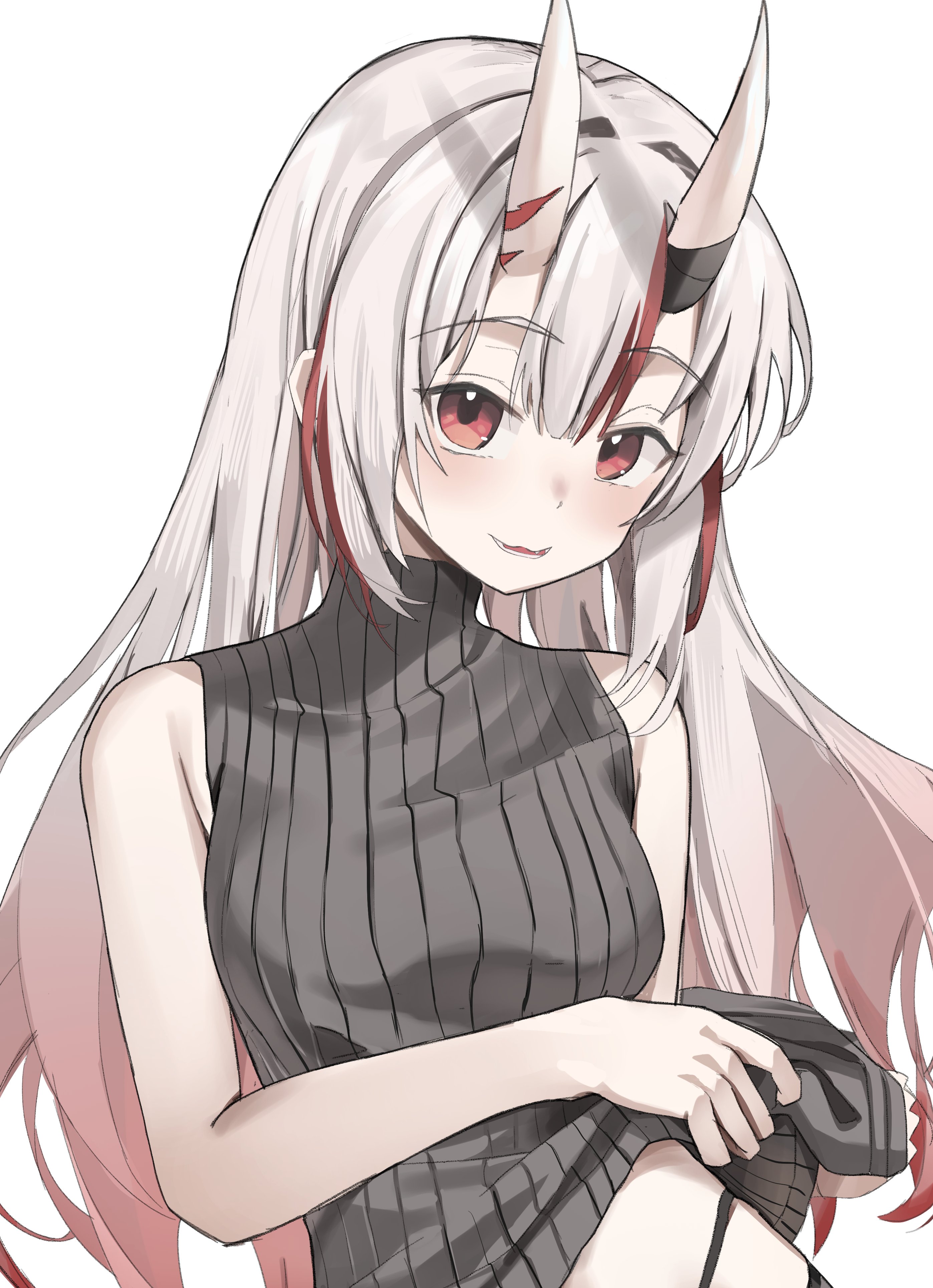 scarlet (wv0102), nakiri ayame, hololive, absurdres, commentary, highres, 1girl, armpit crease, clothes lift, grey background, grey sweater, horns, lifting own clothes, long hair, looking at viewer, multicolored hair, panty straps, parted lips, red eyes, ribbed sweater, simple background, skin-covered horns, sleeveless, sleeveless sweater, smile, solo, streaked hair, sweater, sweater lift, turtleneck, turtleneck sweater, upper body