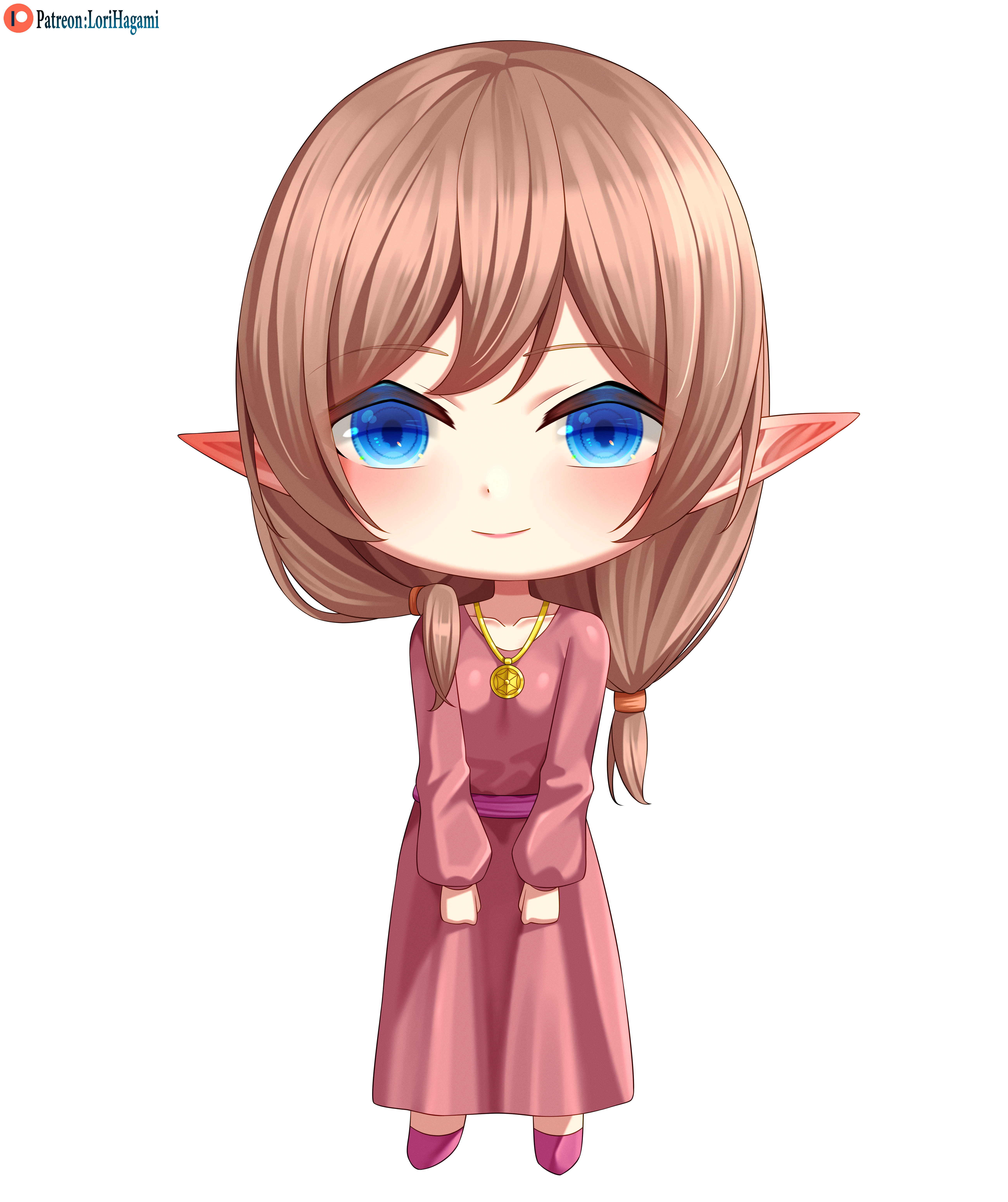 lori hagami, sepha farona, ways of darkness (series), absurdres, commission, commissioner upload, highres, official art, 1girl, artist name, blue eyes, blush, brown hair, chibi, closed mouth, collarbone, dress, elf, full body, jewelry, long hair, long sleeves, looking at viewer, low-tied long hair, low side ponytail, necklace, patreon logo, patreon username, pink dress, pointy ears, sash, shoes, simple background, smile, solo, standing, username, white background