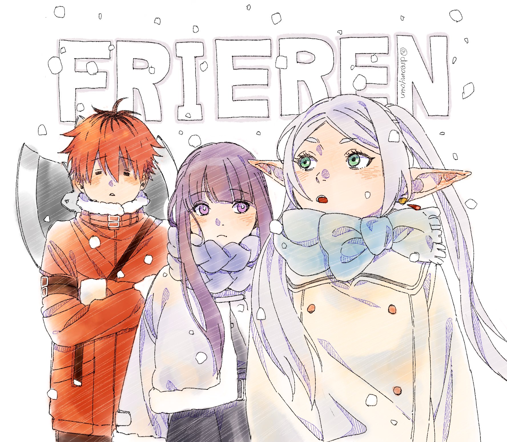 onka (aun ka28), fern (sousou no frieren), frieren, stark (sousou no frieren), sousou no frieren, commentary request, highres, 1boy, 2girls, = =, axe, battle axe, black dress, black hair, blue scarf, coat, cold, copyright name, dress, fur-trimmed jacket, fur trim, green eyes, grey hair, half updo, jacket, multicolored hair, multiple girls, pointy ears, purple eyes, purple hair, purple scarf, red hair, roots (hair), scarf, sidelocks, snowing, teardrop facial mark, two-tone hair, weapon, weapon on back, white coat, winter clothes, winter coat