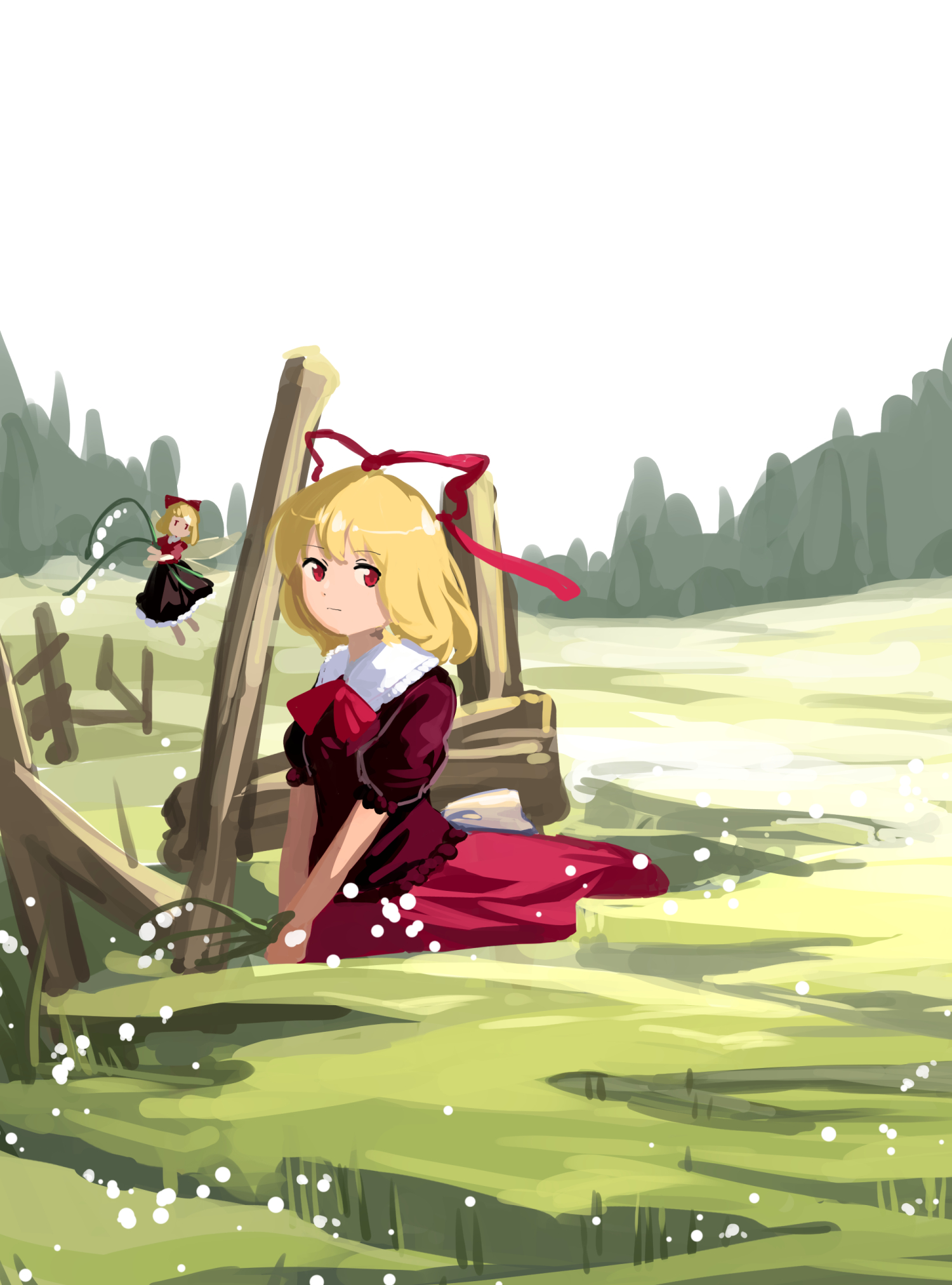 furahata gen, medicine melancholy, su-san, touhou, highres, 2girls, alternate eye color, black skirt, blonde hair, bow, bowtie, closed mouth, collared shirt, contrast collar, doll, flower, flying, frilled shirt, frilled shirt collar, frilled skirt, frills, grass, hair between eyes, hair bow, hair ribbon, holding, holding flower, lily of the valley, medium hair, multiple girls, on ground, own hands together, puffy short sleeves, puffy sleeves, purple shirt, purple skirt, red bow, red bowtie, red eyes, red ribbon, red shirt, ribbon, shirt, short sleeves, sitting, skirt, solo focus, tree, white bow, white wings, wings