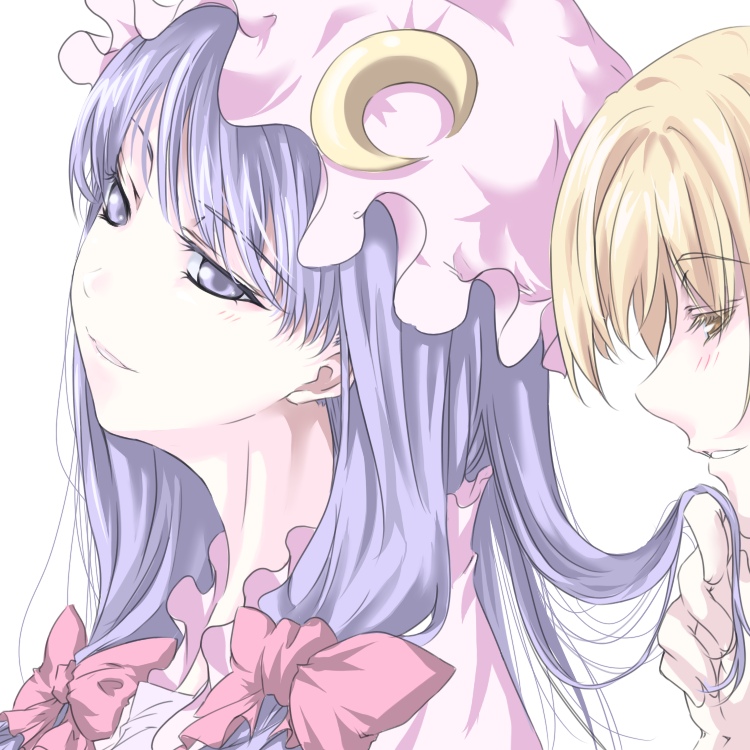 haruichi (komikal), kirisame marisa, patchouli knowledge, touhou, 2girls, blonde hair, female focus, hair ribbon, hat, multiple girls, purple eyes, purple hair, ribbon, simple background, white background, yellow eyes