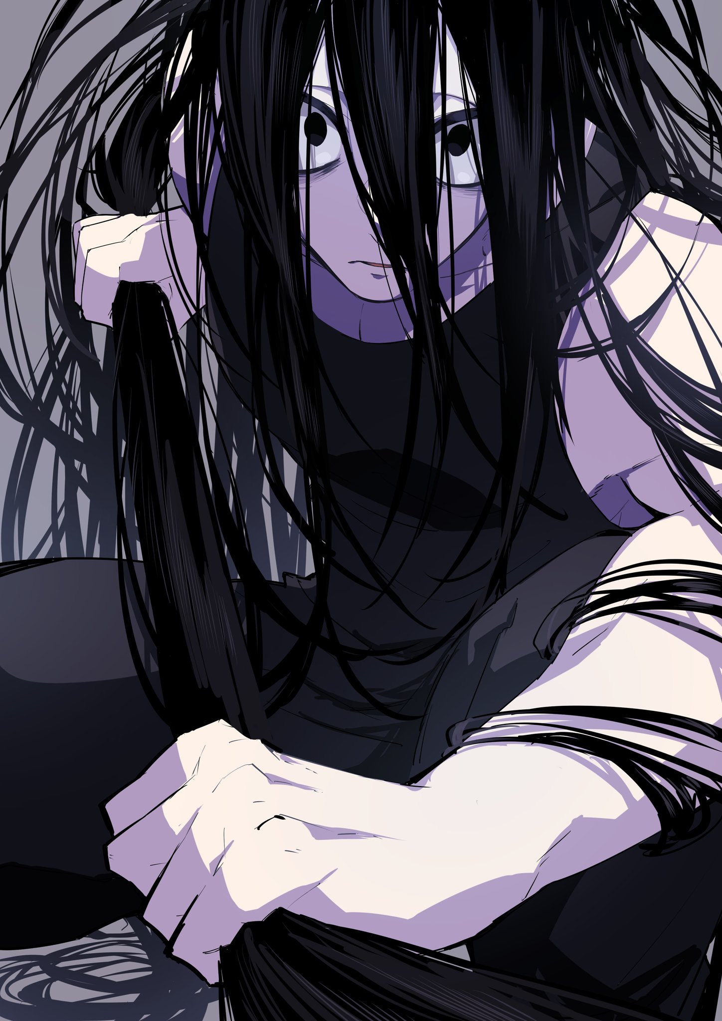 nekoma hikaru, inaba ryou, kengan (series), kengan ashura, commentary request, highres, 1boy, absurdly long hair, bags under eyes, black eyes, black hair, black tank top, hair between eyes, holding, holding own hair, long hair, looking at viewer, male focus, messy hair, pale skin, solo, tank top, very long hair