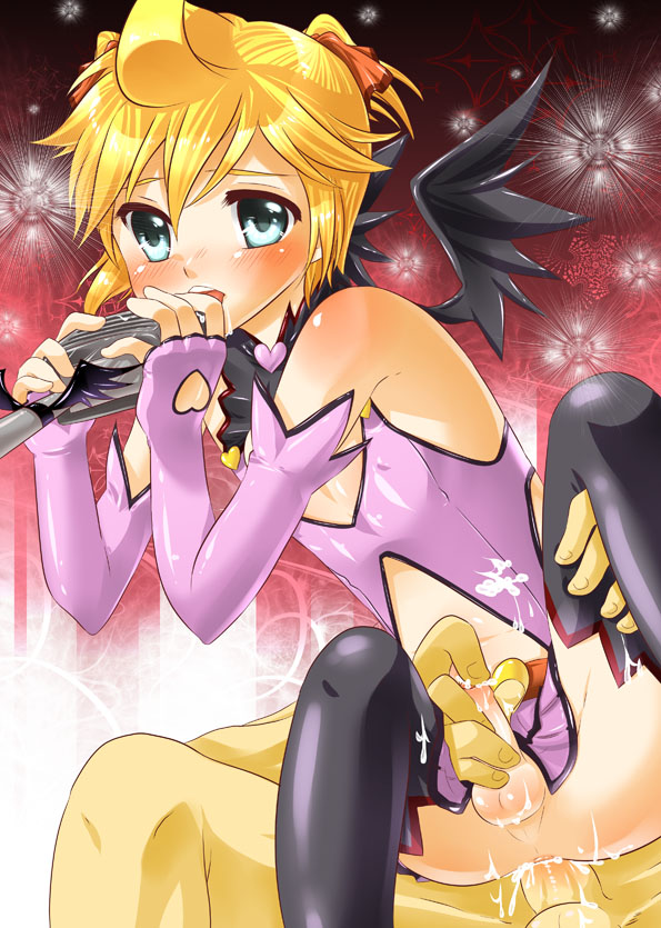 o-mars, kagamine len, project diva, project diva (series), vocaloid, bad id, bad pixiv id, 2boys, anal, androgynous, aqua eyes, black wings, blonde hair, blush, covered erect nipples, crossdressing, crossdressing (mtf), cum, elbow gloves, erection, fingerless gloves, foreskin, gloved handjob, gloves, hair ribbon, handjob, male focus, male penetrated, mars (planet), microphone, multiple boys, penis, perineum, reach-around, ribbon, sex, shota, solo focus, testicles, thighhighs, trap, twintails, uncensored, wings, yaoi