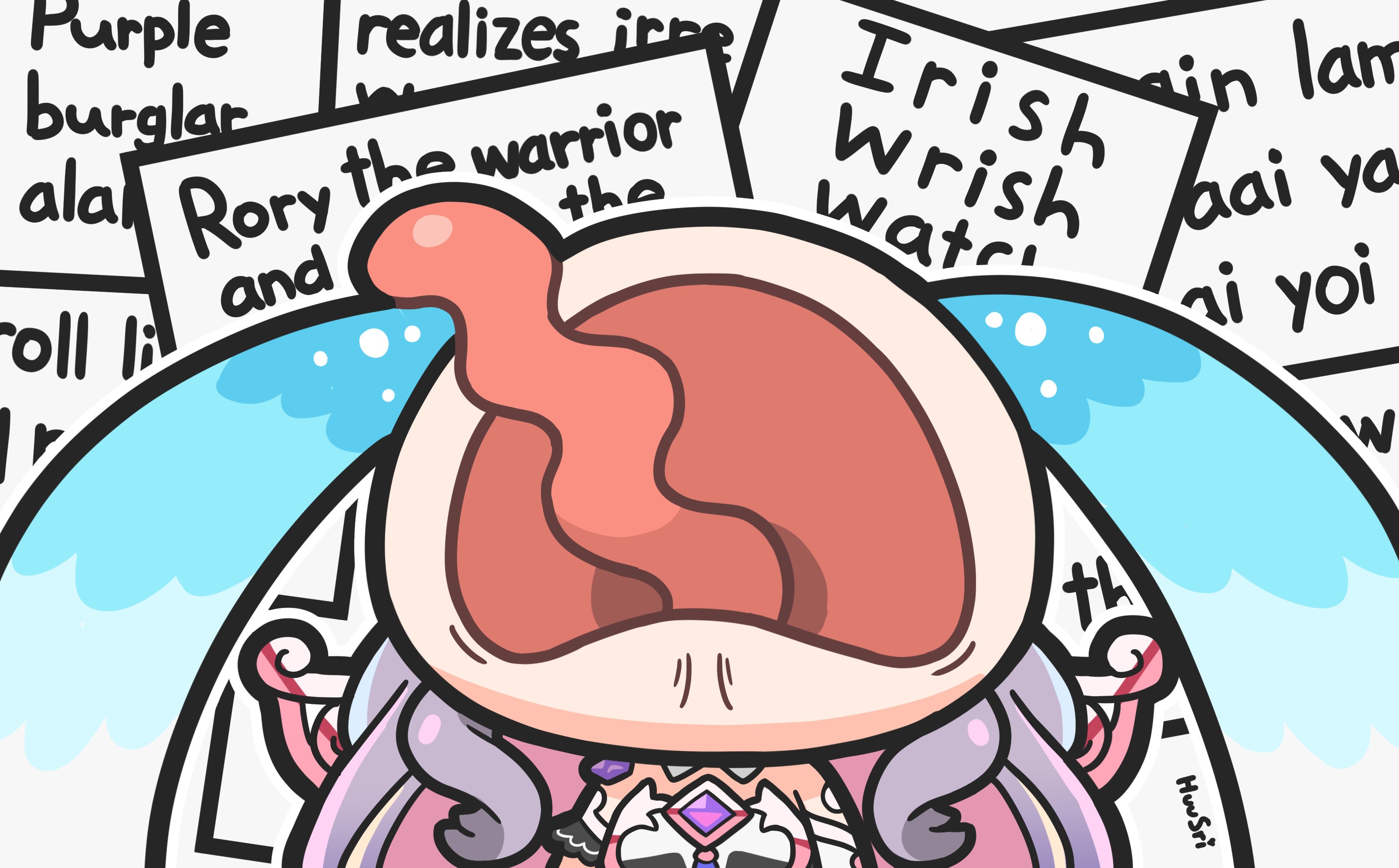 huusri, koseki bijou, koseki bijou (1st costume), hololive, hololive english, absurdres, commentary, english commentary, highres, 1girl, bare shoulders, brooch, chibi, english text, jewelry, long hair, purple hair, solo, tongue, tongue out, tongue twister, upper body, virtual youtuber, wings