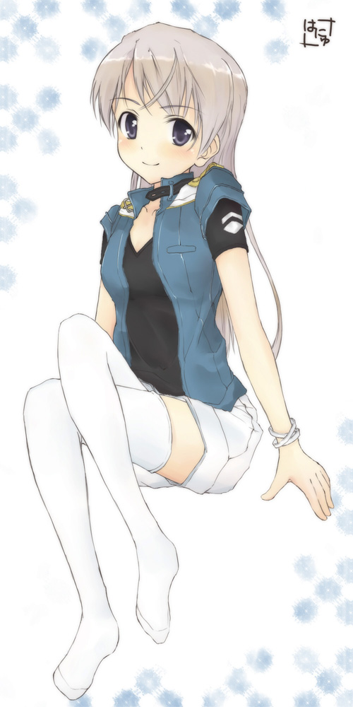 eila ilmatar juutilainen, hanyu, strike witches, world witches series, silver hair, 00s, 1girl, alternate costume, blue eyes, denim, denim jacket, female focus, full body, jacket, long hair, shorts, signature, simple background, sitting, smile, solo, thighhighs, white thighhighs