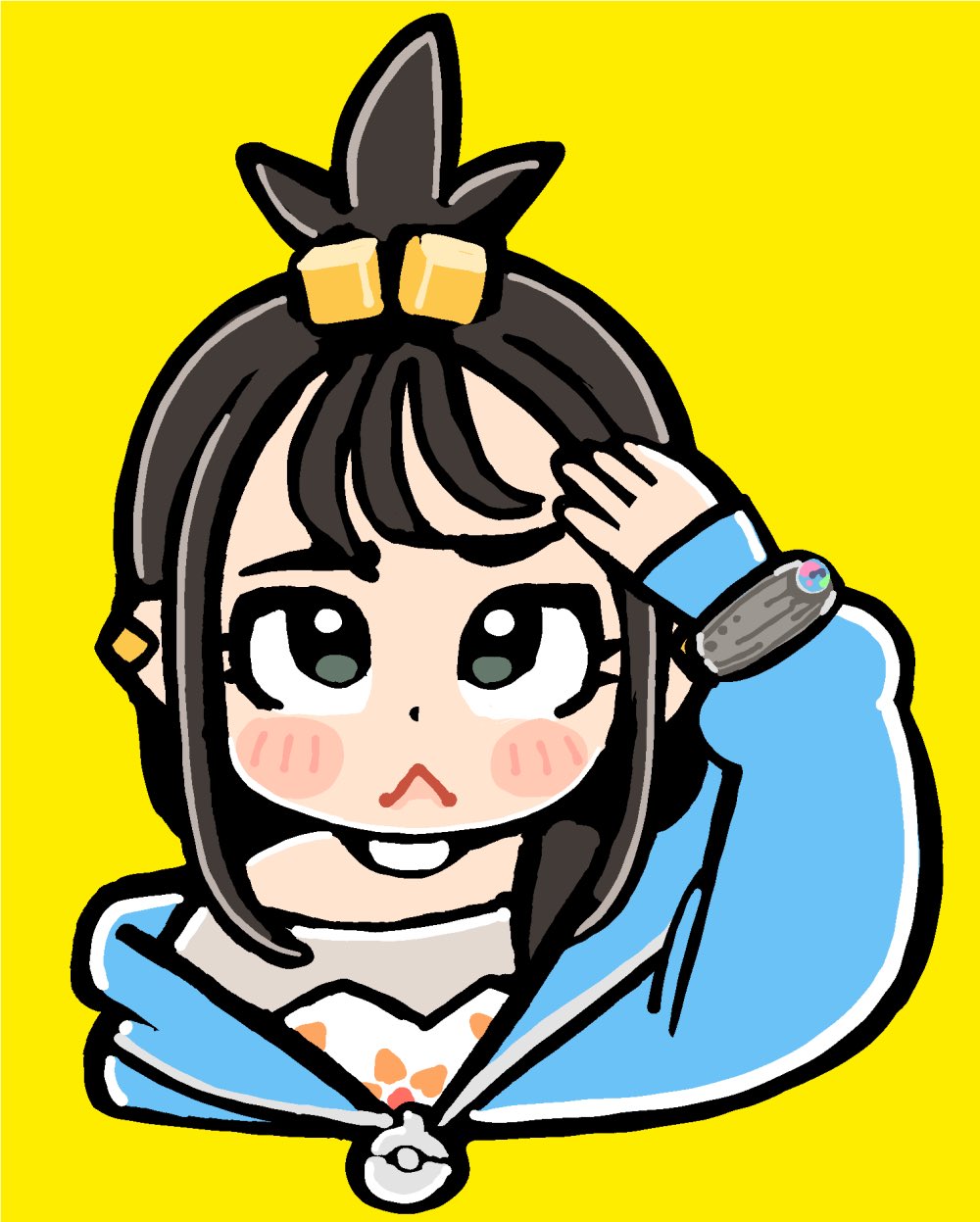 bkub, lida (pokemon), nintendo, pokemon, pokemon legends: z-a, highres, 1girl, :<, black hair, blue jacket, blush stickers, closed mouth, cropped torso, cube hair ornament, green eyes, grey shirt, hair ornament, hand up, jacket, long hair, long sleeves, shirt, simple background, solo, topknot, upturned eyes, yellow background