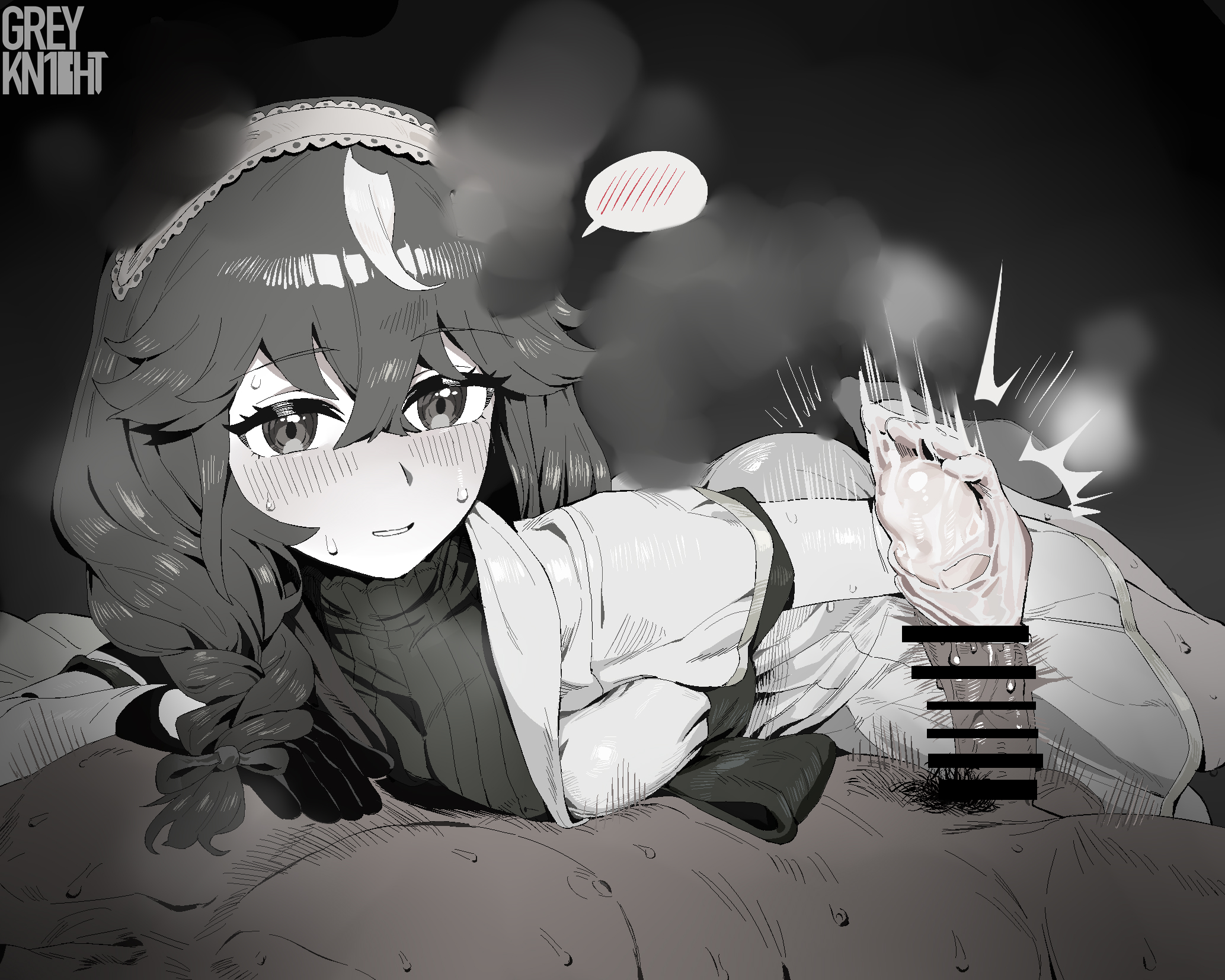 curren bouquetd'or (umamusume), umamusume, commentary, highres, symbol-only commentary, 1boy, 1girl, artist name, bar censor, blush, braid, breasts, censored, gloves, hair between eyes, hair ornament, hairband, long hair, looking at viewer, low twin braids, monochrome, mozzleq77804, open mouth, penis, simple background, small breasts, solo, sweat, twin braids