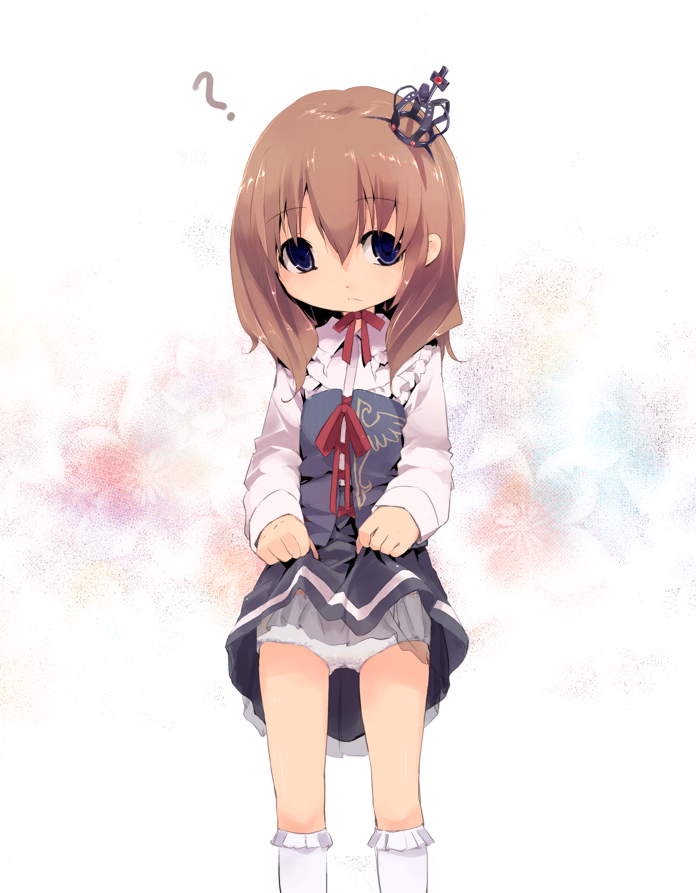 kuroba u, ushiromiya maria, umineko no naku koro ni, absurdres, highres, 00s, 1girl, ?, blue eyes, brown hair, clothes lift, crown, dress, dress lift, female focus, kneehighs, loli, panties, short hair, skirt, skirt lift, socks, solo, underwear, upskirt, white panties, white socks