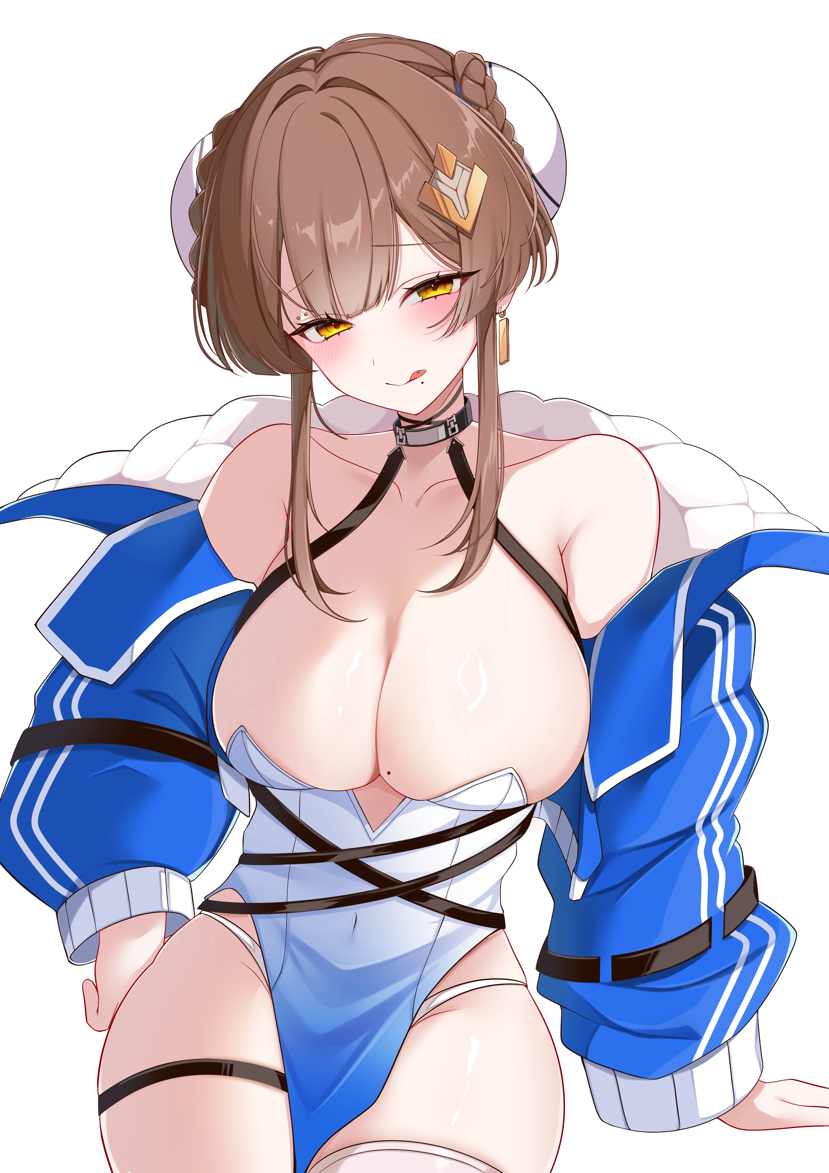 yuki (chaos zero nightmare), chaos zero nightmare, absurdres, hashtag-only commentary, highres, 1girl, bare shoulders, black choker, blue dress, blue jacket, blush, braid, braided bun, breasts, brown hair, bun cover, choker, cleavage, cropped jacket, double bun, dress, gradient clothes, gradient dress, hair bun, hair ornament, huge breasts, jacket, looking at viewer, mole, mole on breast, mole under mouth, off shoulder, open clothes, open jacket, panty straps, pelvic curtain, piercing, short hair with long locks, single thighhigh, skindentation, solo, strapless, strapless dress, thigh strap, thighhighs, thighs, tongue, tongue out, tongue piercing, utu lu, yellow eyes