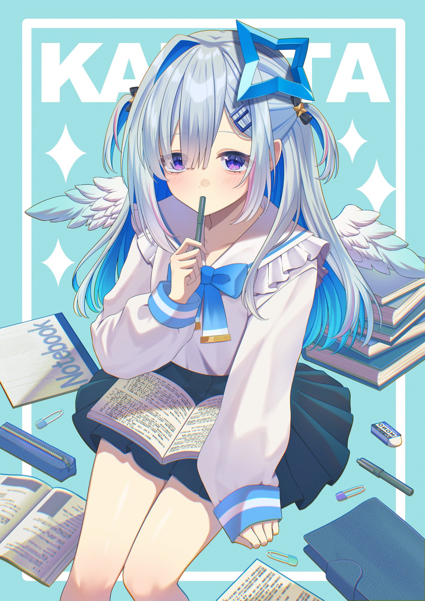 nametakeko, amane kanata, hololive, commentary request, highres, 1girl, aqua background, arm at side, black skirt, blue bow, blue bowtie, blue halo, book, book on lap, bow, bowtie, character name, colored inner hair, eraser, feet out of frame, frilled sailor collar, frills, grey hair, hair between eyes, hair intakes, hair ornament, hairclip, halo, hand up, invisible chair, long bangs, long hair, long sleeves, looking at viewer, mini wings, miniskirt, multicolored hair, open book, paperclip, parted bangs, pen, pen to mouth, pencil case, pile of books, pleated skirt, purple eyes, sailor collar, school uniform, serafuku, shirt, sitting, skirt, sleeves past wrists, solo, star halo, virtual youtuber, white sailor collar, white shirt, white wings, wings