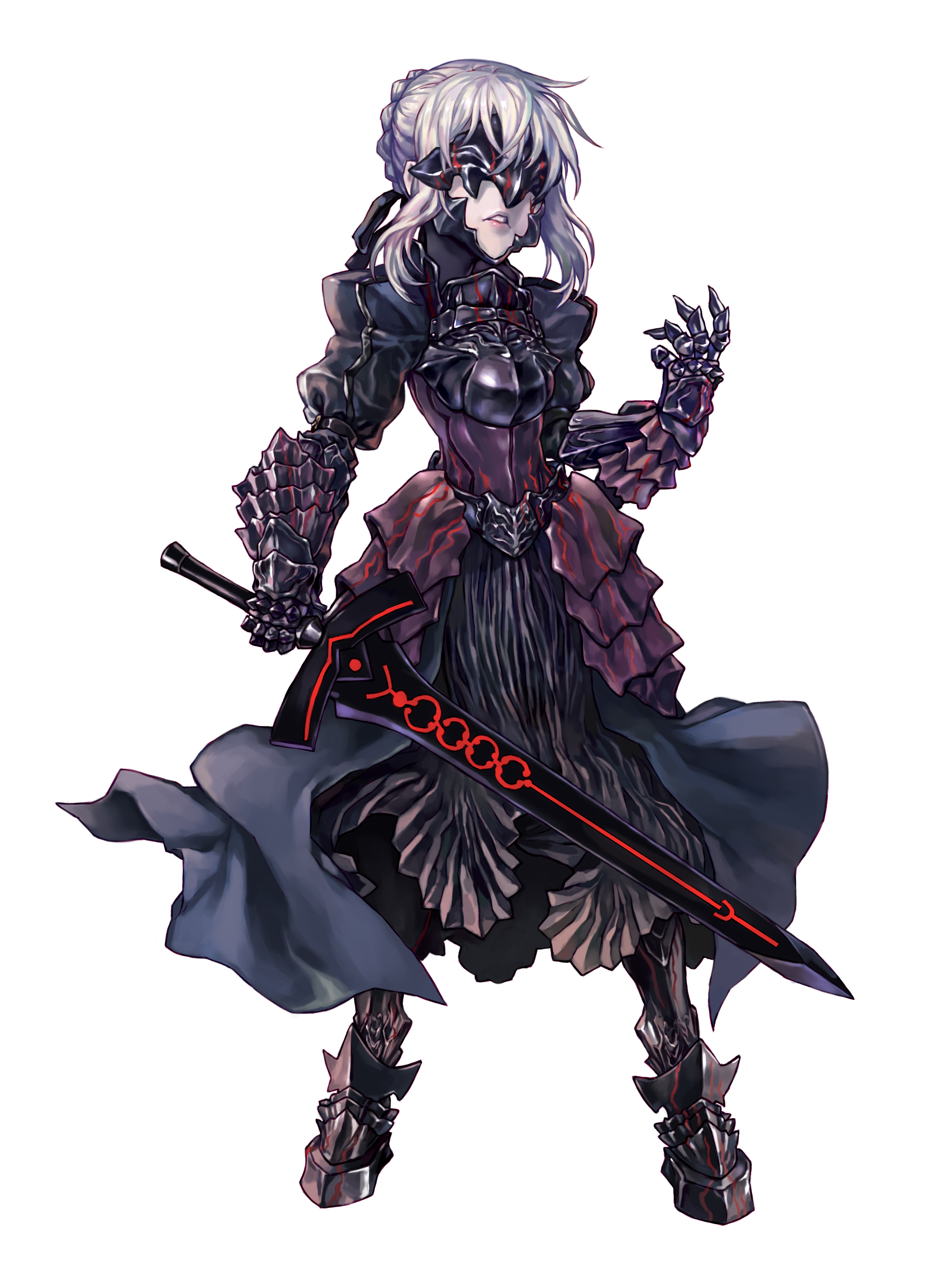 gyamur, artoria pendragon (fate), saber (fate), saber alter, saber alter (first ascension), fate/stay night, fate (series), visor, absurdres, bad id, bad pixiv id, highres, 00s, 1girl, armor, armored dress, blindfold mask, blonde hair, braid, covered eyes, dress, excalibur morgan (fate), female focus, mask, open mouth, simple background, solo, sword, visor (armor), weapon