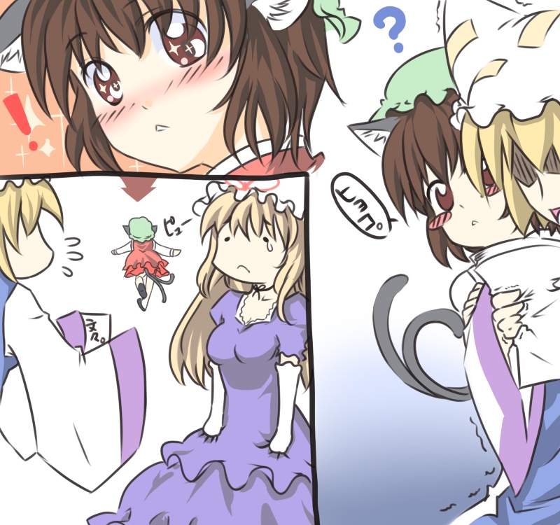 haruichi (komikal), chen, yakumo ran, yakumo yukari, touhou, !, 3girls, ?, animal ears, blonde hair, blush stickers, brown eyes, brown hair, carrying, cat ears, cat girl, cat tail, elbow gloves, female focus, gloves, hat, long hair, multiple girls, multiple tails, piggyback, short hair, tail, tears