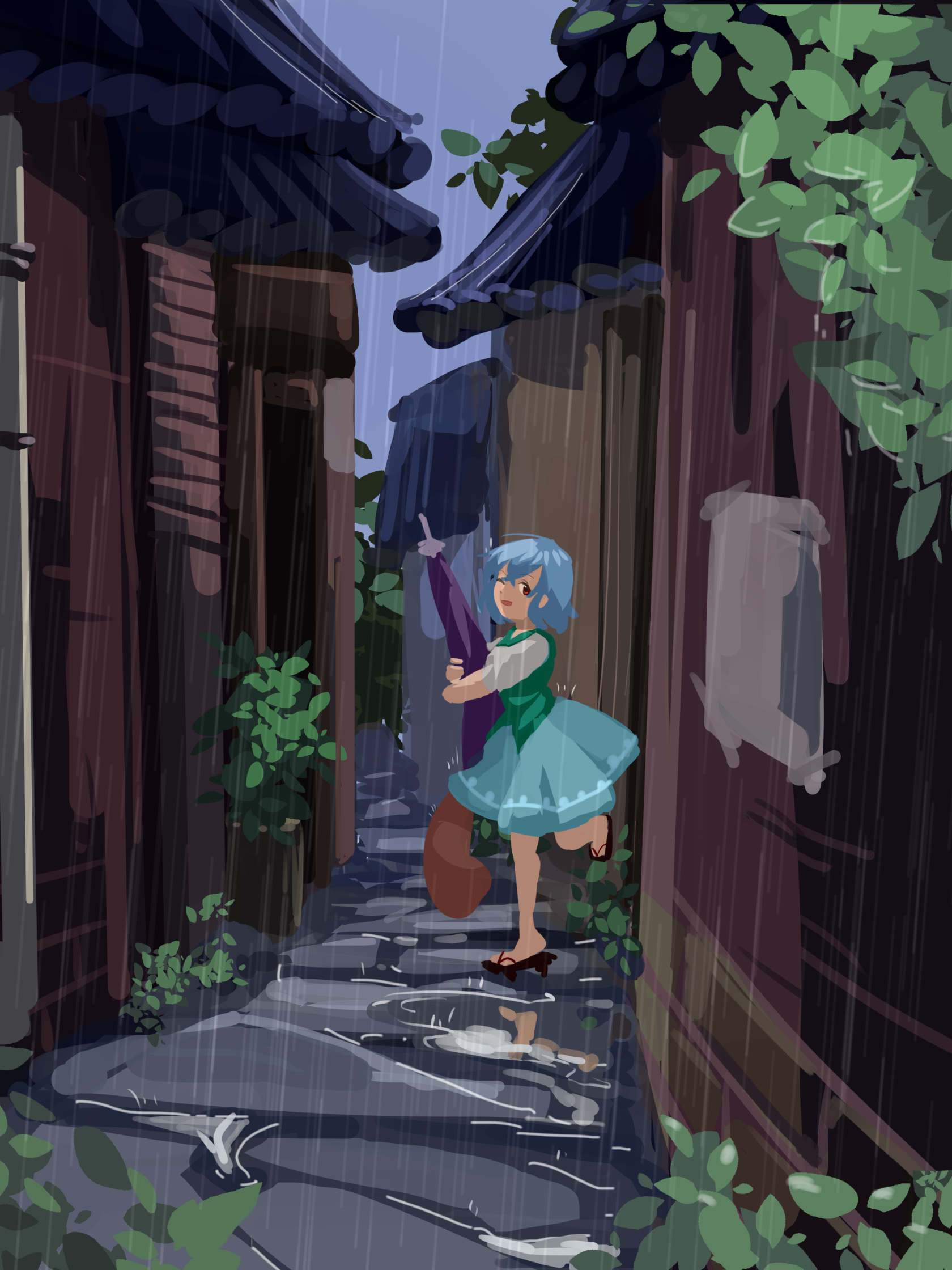 furahata gen, tatara kogasa, touhou, highres, 1girl, :d, blue hair, blue skirt, green shirt, holding, holding umbrella, house, leaf, looking at viewer, one eye closed, open mouth, overgrown, platform sandals, purple umbrella, rain, red eyes, reflection, rooftop, sandals, shirt, short hair, skirt, smile, solo, standing, standing on one leg, tongue, tongue out, tree, umbrella, white shirt