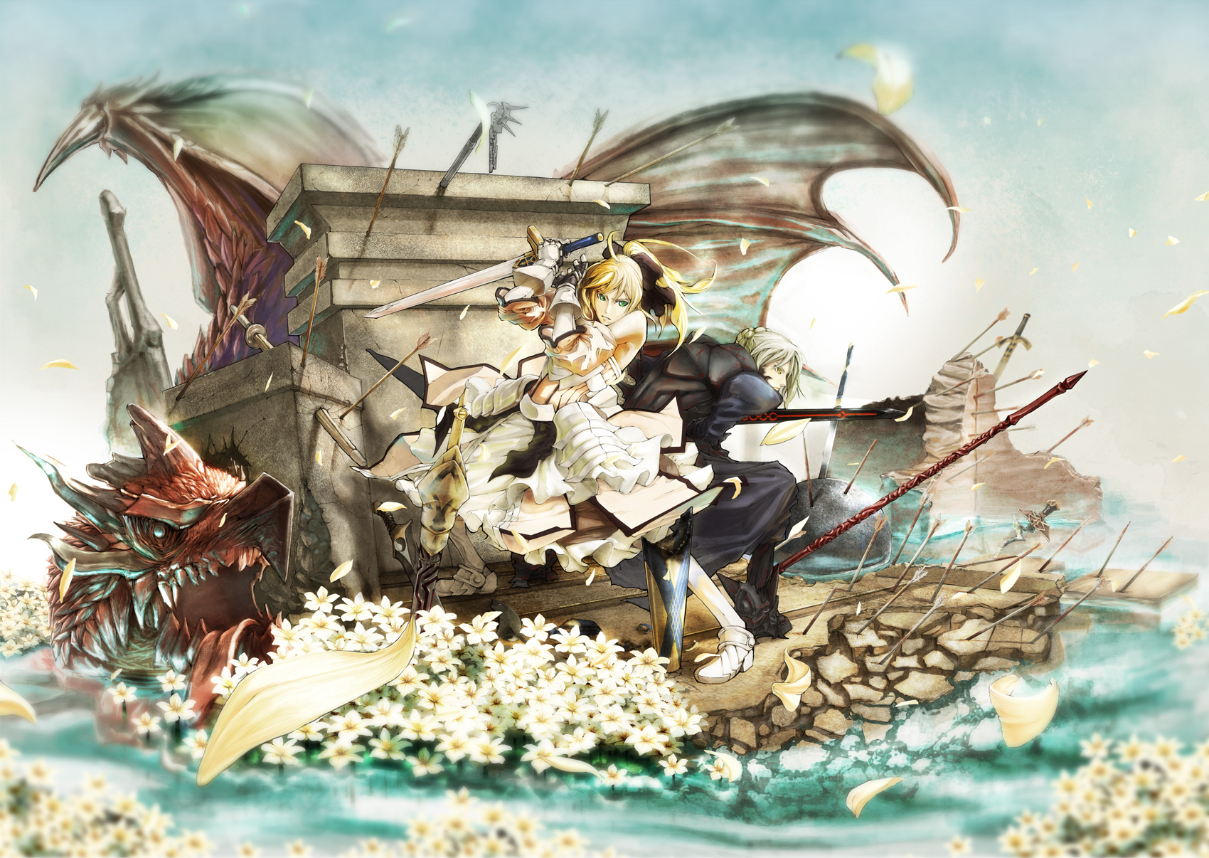 zyaneio, artoria pendragon (fate), avalon (fate), ea (fate), mana transfer dragon, saber (fate), saber alter, saber alter (second ascension), saber lily, capcom, fate/stay night, fate/unlimited codes, fate (series), bad id, bad pixiv id, highres, 00s, 2girls, armor, armored dress, arrow (projectile), blonde hair, bokken, caliburn (fate), chain, dragon, dress, excalibur (fate/stay night), excalibur morgan (fate), flower, gae bolg (fate), kanshou & bakuya (fate), katana, monohoshizao, multiple girls, planted, planted arrow, polearm, ruins, rulebreaker, sheath, shinai, spear, sword, weapon, wooden sword