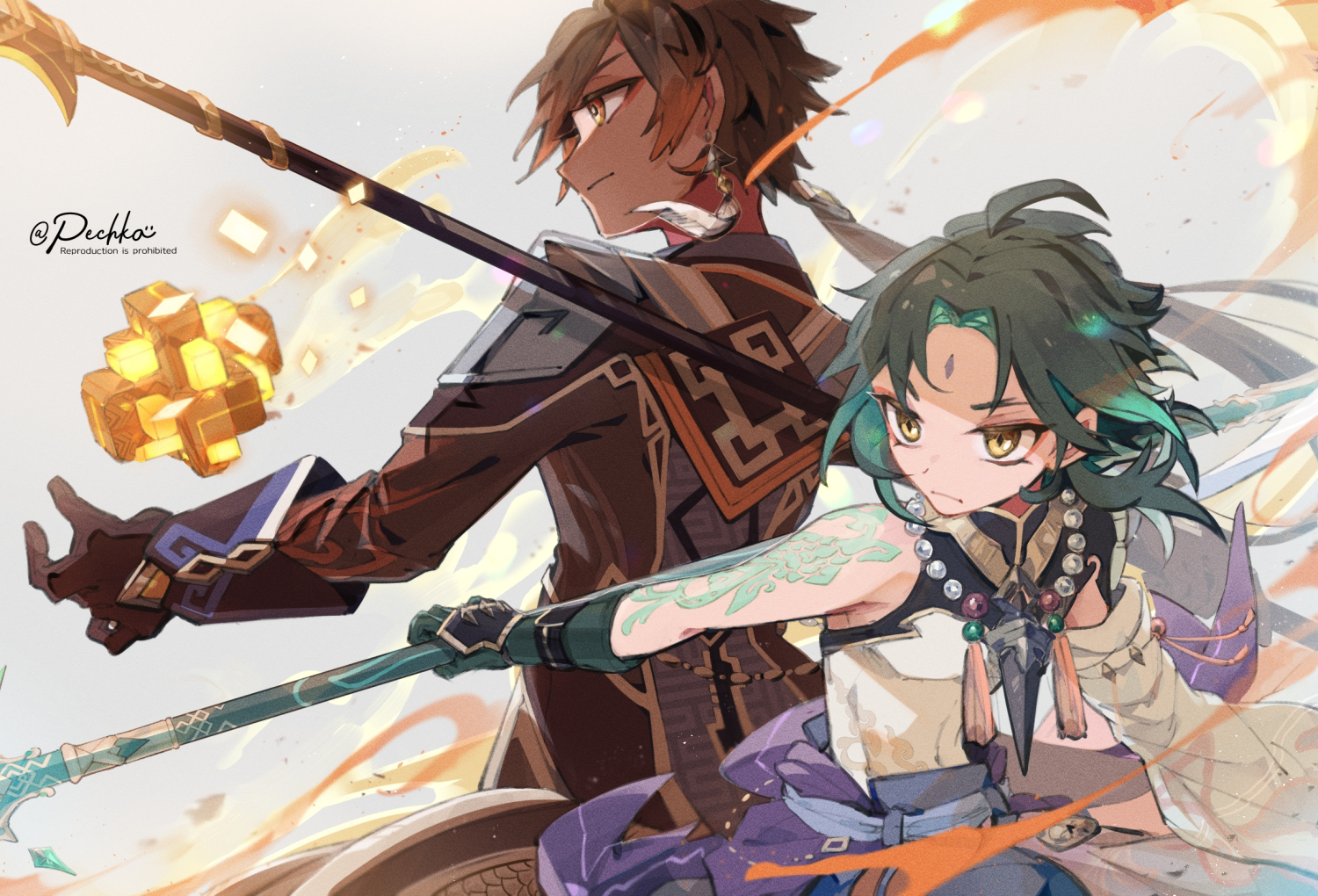 pechka, xiao (genshin impact), zhongli (genshin impact), genshin impact, commentary request, 2boys, arm tattoo, beads, black gloves, brown eyes, closed mouth, earrings, facial mark, forehead mark, gloves, green hair, grey background, holding, holding polearm, holding weapon, jewelry, male focus, multiple boys, object floating above hand, polearm, ponytail, tassel, tattoo, twitter username, weapon