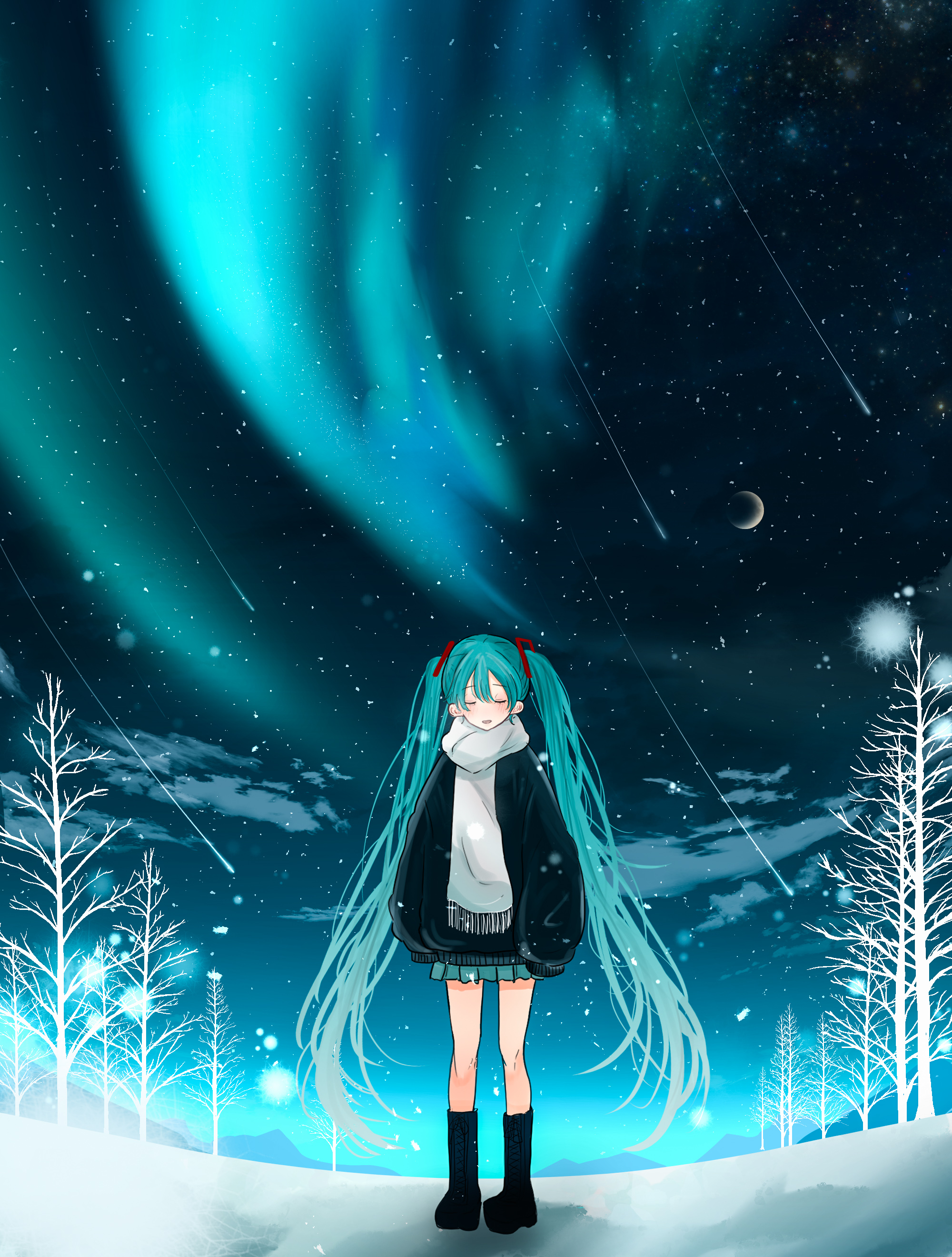 hatsune miku, vocaloid, absurdres, commentary, highres, symbol-only commentary, 1girl, aqua hair, aqua skirt, aurora, bare tree, black boots, black sky, black sweater, boots, closed eyes, cloud, crescent moon, double-parted bangs, fisheye, full body, long hair, long sleeves, meteor shower, miniskirt, moon, night, nor ni, outdoors, parted lips, pleated skirt, scarf, scenery, shooting star, skirt, sky, sky focus, sleeves past fingers, sleeves past wrists, snow, solo, standing, star (sky), starry sky, sweater, tree, twintails, very long hair, white scarf, winter