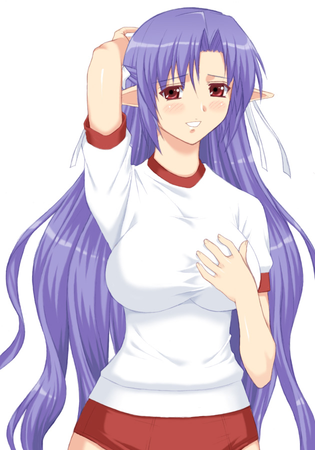 shichimenchou, ai (tick! tack!), medea (caster) (fate), medea (fate), fate/stay night, fate (series), shuffle!, tick! tack!, 00s, 1girl, blush, breasts, buruma, female focus, gym uniform, half updo, impossible clothes, impossible shirt, large breasts, long hair, pointy ears, purple hair, shirt, simple background, solo