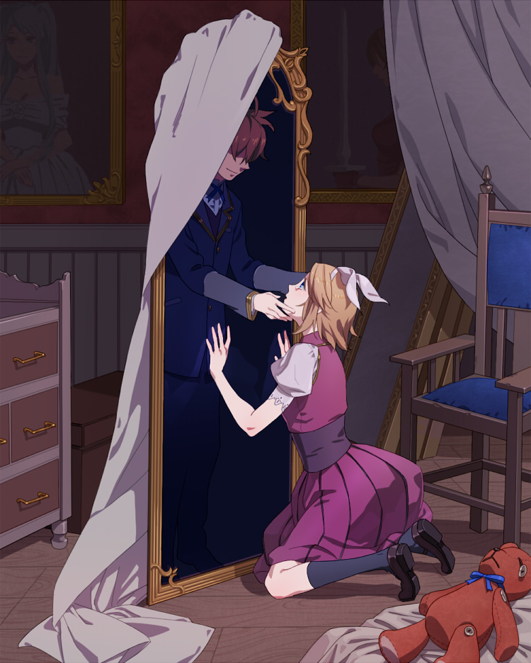 esukee, hatsune miku, kagamine len, kagamine rin, meiko (vocaloid), vocaloid, 1boy, 1girl, blonde hair, blue eyes, cameo, cloak, dress, hair ribbon, kneeling, mirror, portrait, portrait (object), ribbon, short hair, siblings, stuffed animal, stuffed toy, teddy bear, through medium, through mirror, through screen, twins