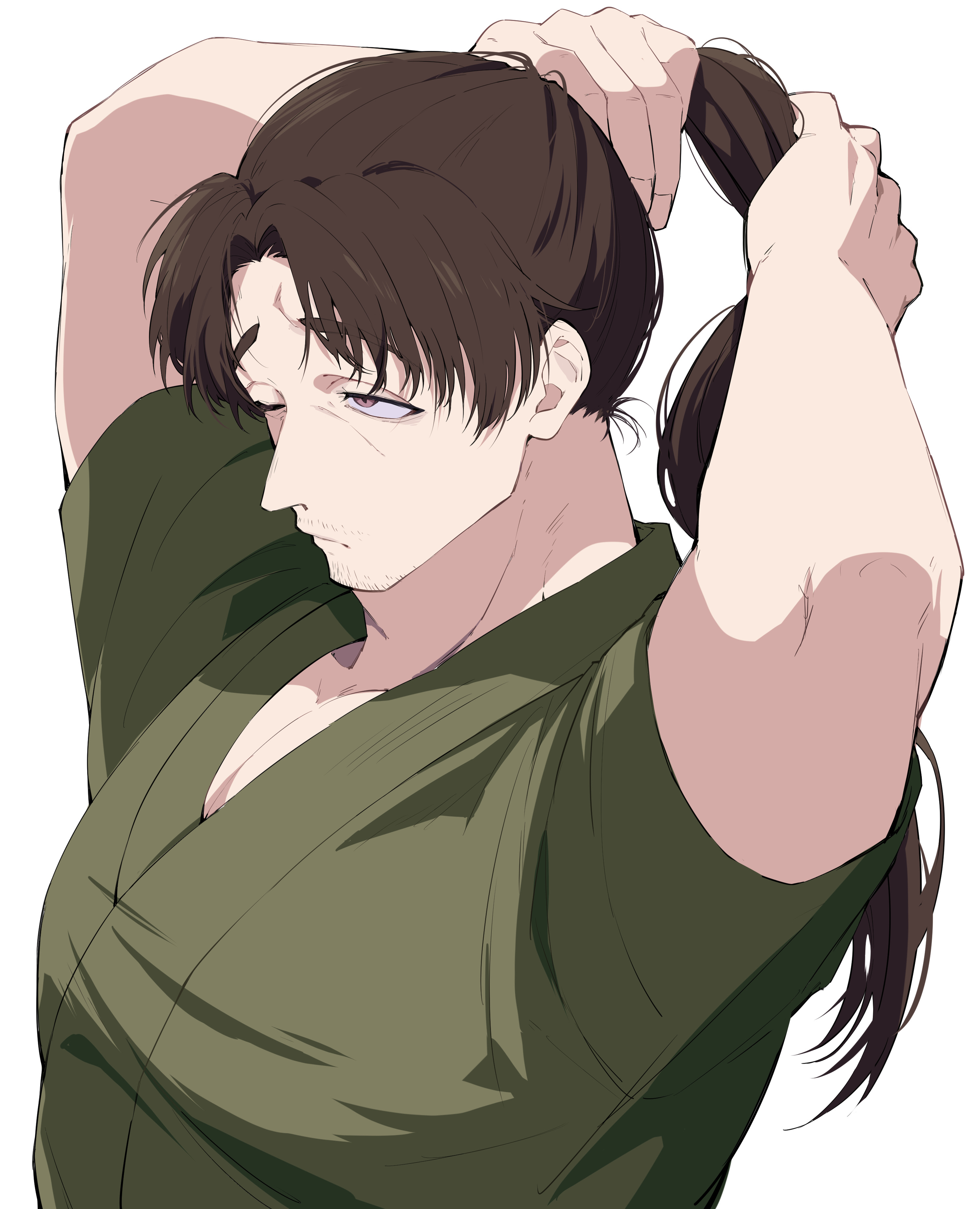 nekoma hikaru, kengan (series), kengan ashura, absurdres, commentary request, highres, 1boy, arms up, brown eyes, brown hair, closed eyes, facial hair, goatee stubble, green shirt, hatsumi sen, long hair, looking ahead, male focus, mature male, mustache stubble, one eye closed, pectorals, ponytail, shirt, short sleeves, simple background, solo, stubble, upper body, white background