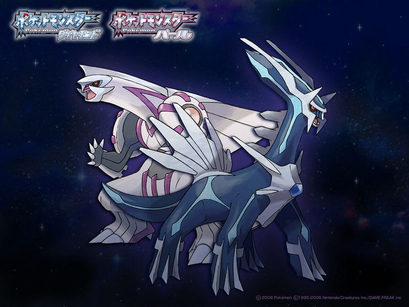 dialga, palkia, nintendo, pokemon, official art, official wallpaper, tagme, 00s, full body, gen 4 pokemon, legendary pokemon, no humans, pokemon (creature)
