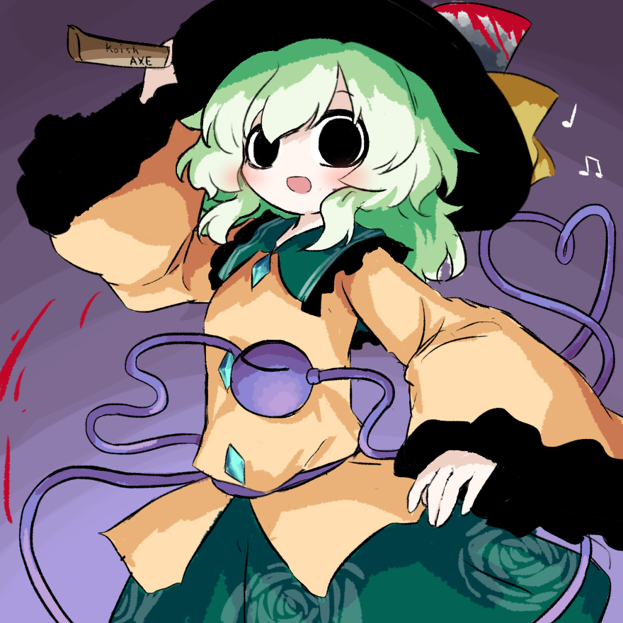 heripantomorrow, komeiji koishi, touhou, commentary request, 1girl, :d, arm up, axe, beamed eighth notes, black eyes, black hat, blood, blood drop, blood on axe, blush, bow, buttons, collared shirt, cowboy shot, diamond button, floral print, floral print skirt, frilled shirt collar, frilled sleeves, frills, green hair, green skirt, hat, hat bow, heart, heart of string, holding, holding axe, medium hair, musical note, open mouth, print skirt, purple background, quarter note, rose print, shirt, skirt, smile, solo, third eye, yellow bow, yellow shirt