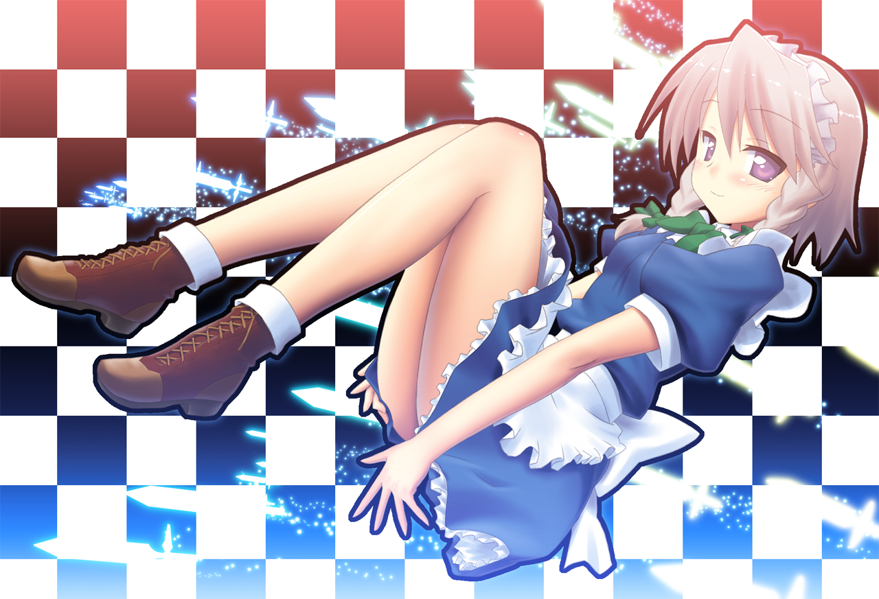 fumotono mikoto, izayoi sakuya, touhou, silver hair, 1girl, boots, braid, female focus, full body, maid headdress, short hair, solo, twin braids