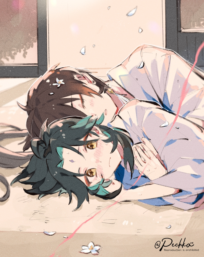pechka, xiao (genshin impact), zhongli (genshin impact), genshin impact, commentary request, 2boys, blush, brown hair, closed eyes, closed mouth, facial mark, flower, forehead mark, grey hair, hug, hug from behind, male focus, multiple boys, sleeping, tatami, twitter username, white flower, yaoi